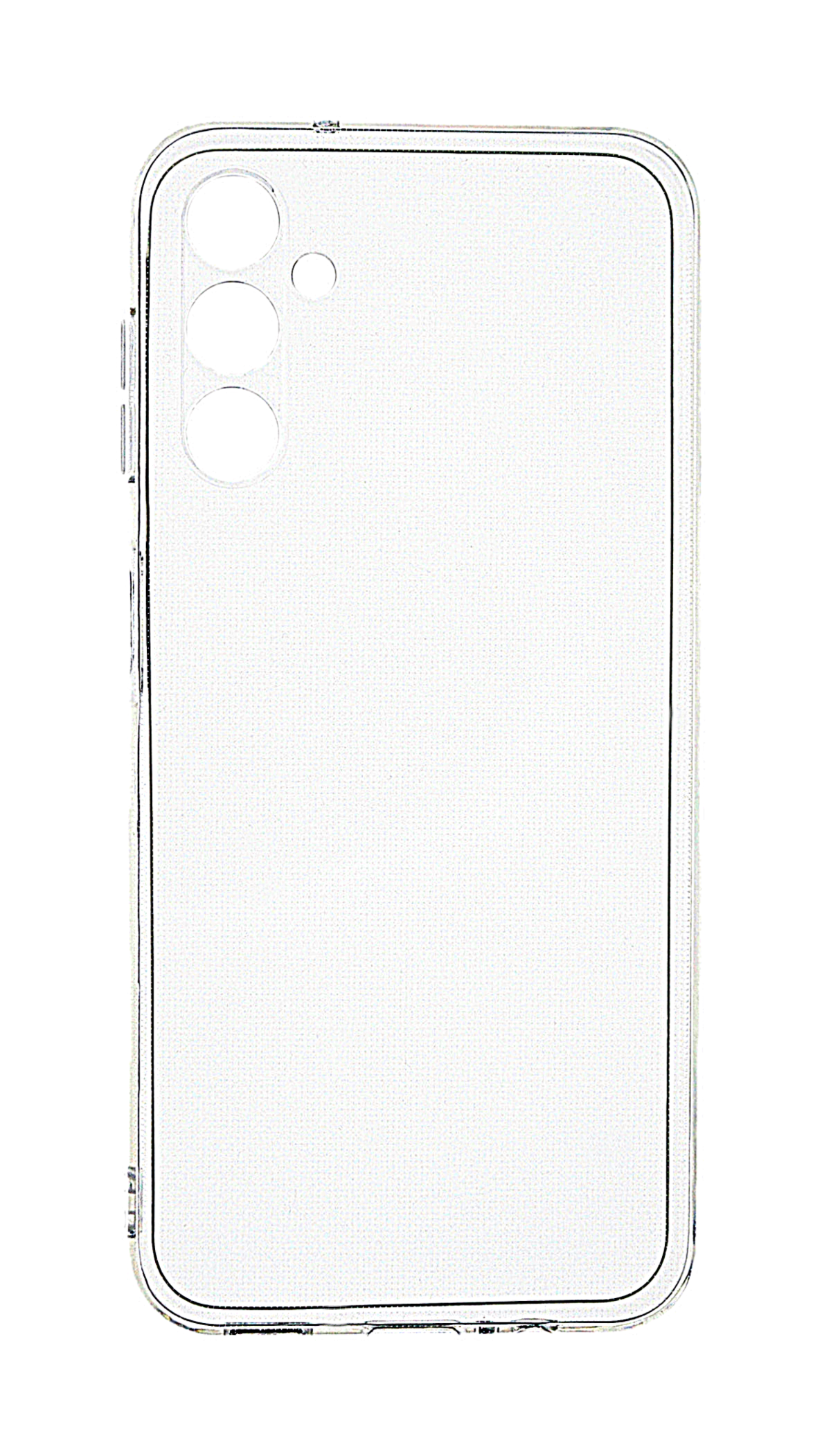 Transparente Handyhülle mit drei Kameraausschnitten, transparent, weißer Hintergrund.