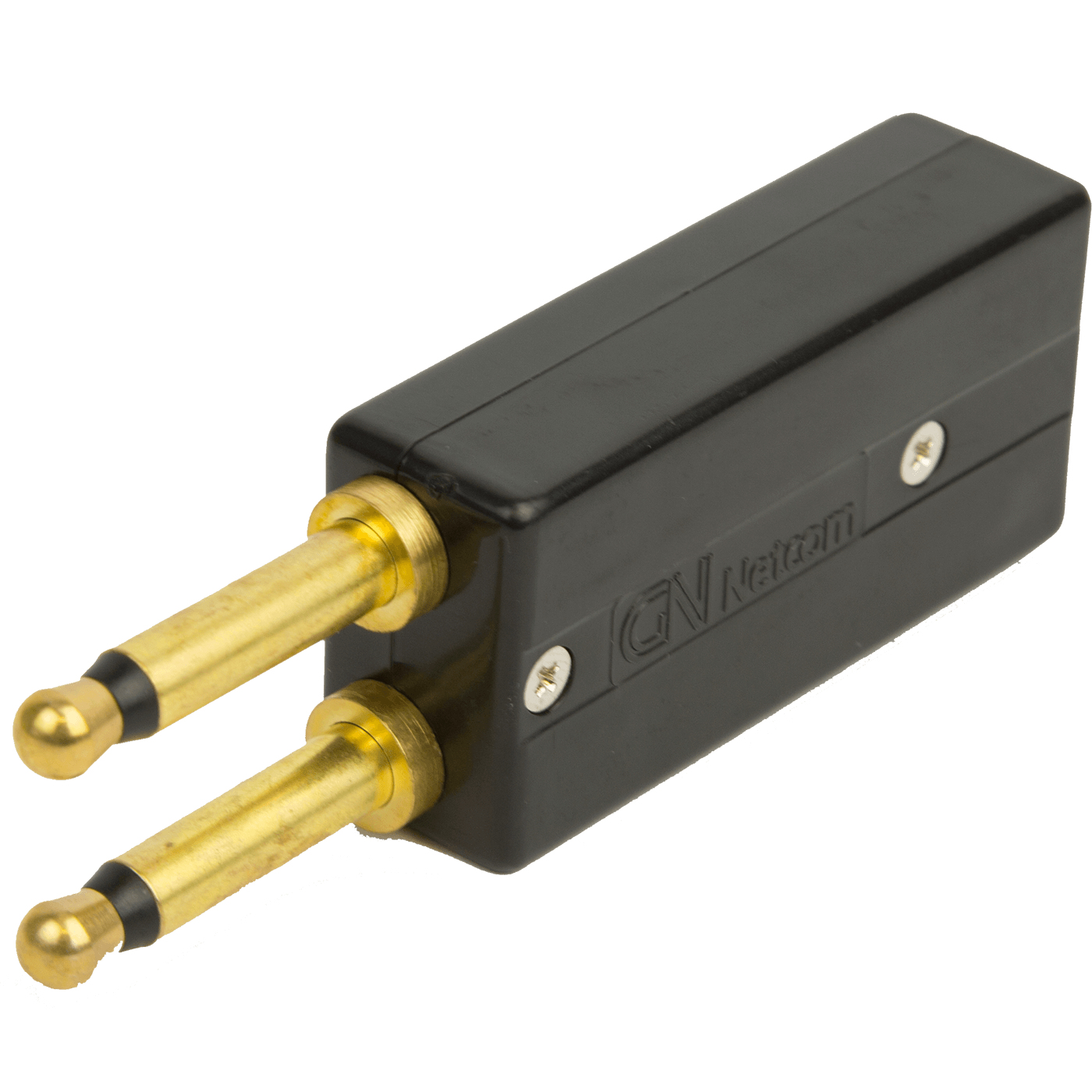 Zwarte plastic connector met gouden punten en witte achtergrond.