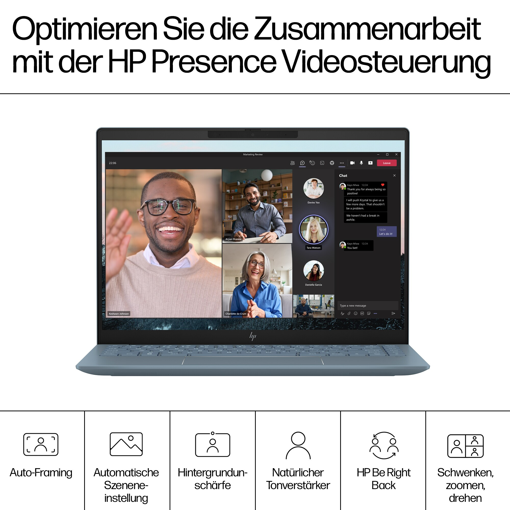 Ekran laptopa wyświetlający rozmowę wideo. Inni ludzie są na ekranie, a laptop jest niebieski.