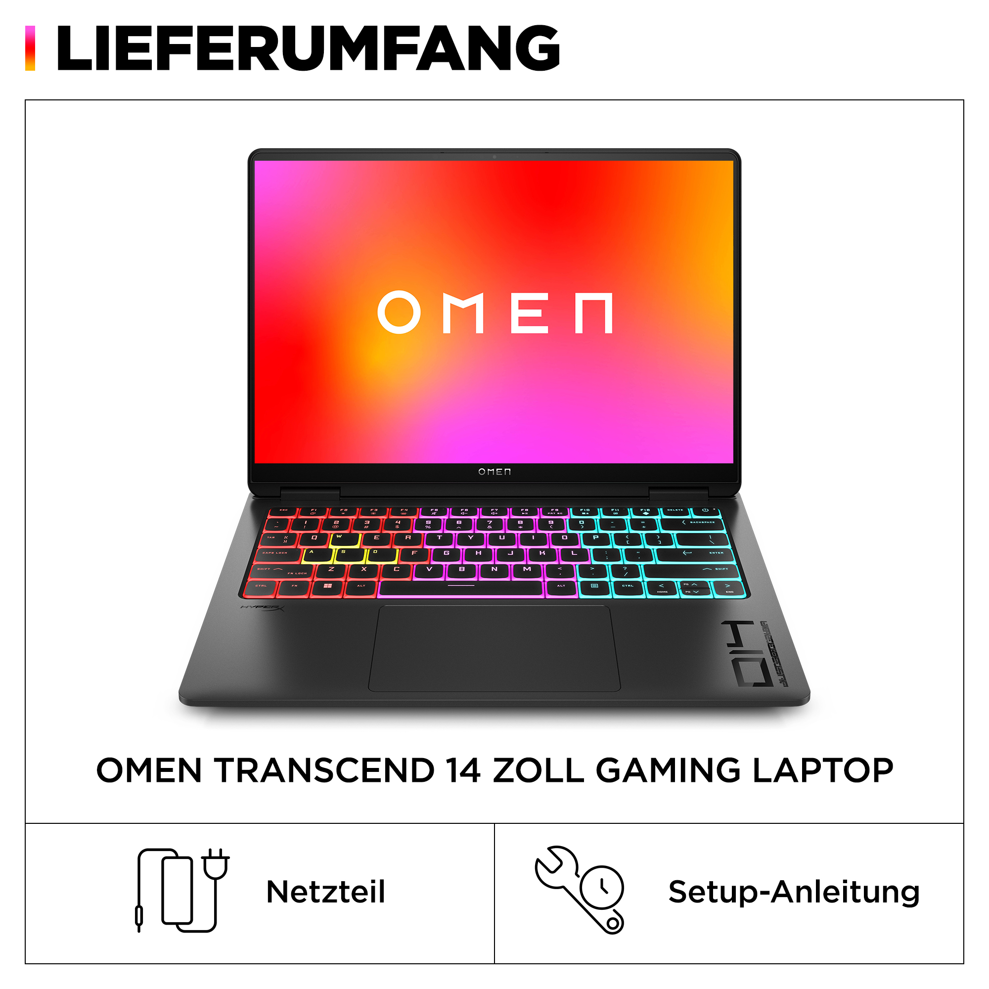 Czarny laptop z kolorowym ekranem, widoczny tekst "OMEN". Pokazano akcesoria, takie jak przewód zasilający.