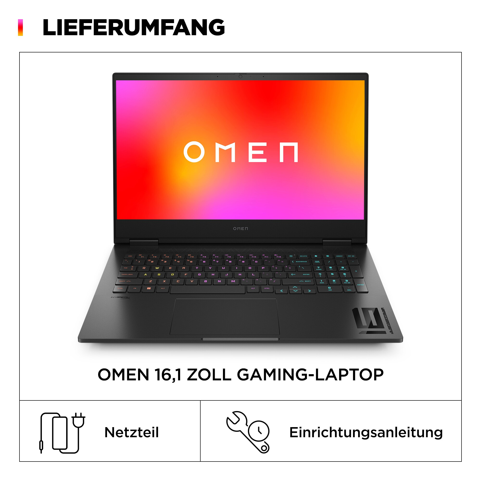 Schwarzer OMEN Gaming-Laptop mit Logo auf dem Bildschirm. Die Box enthält Netzteil und Anleitung.
