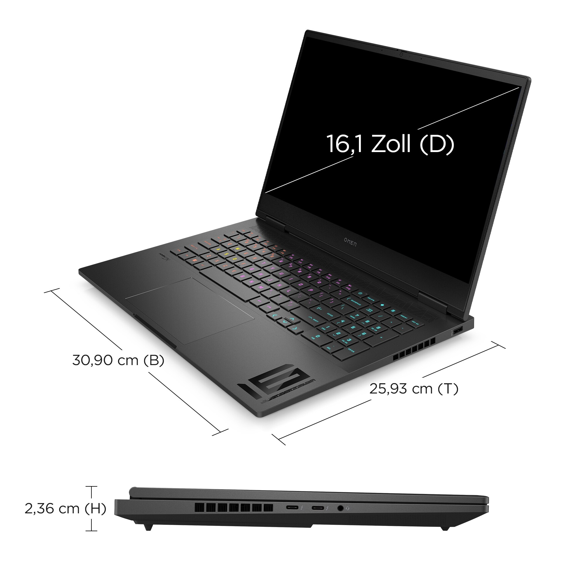 Schwarzer Laptop mit Maßen. Bildschirm zeigt 16,1 Zoll. Tastatur mit bunten Tasten.