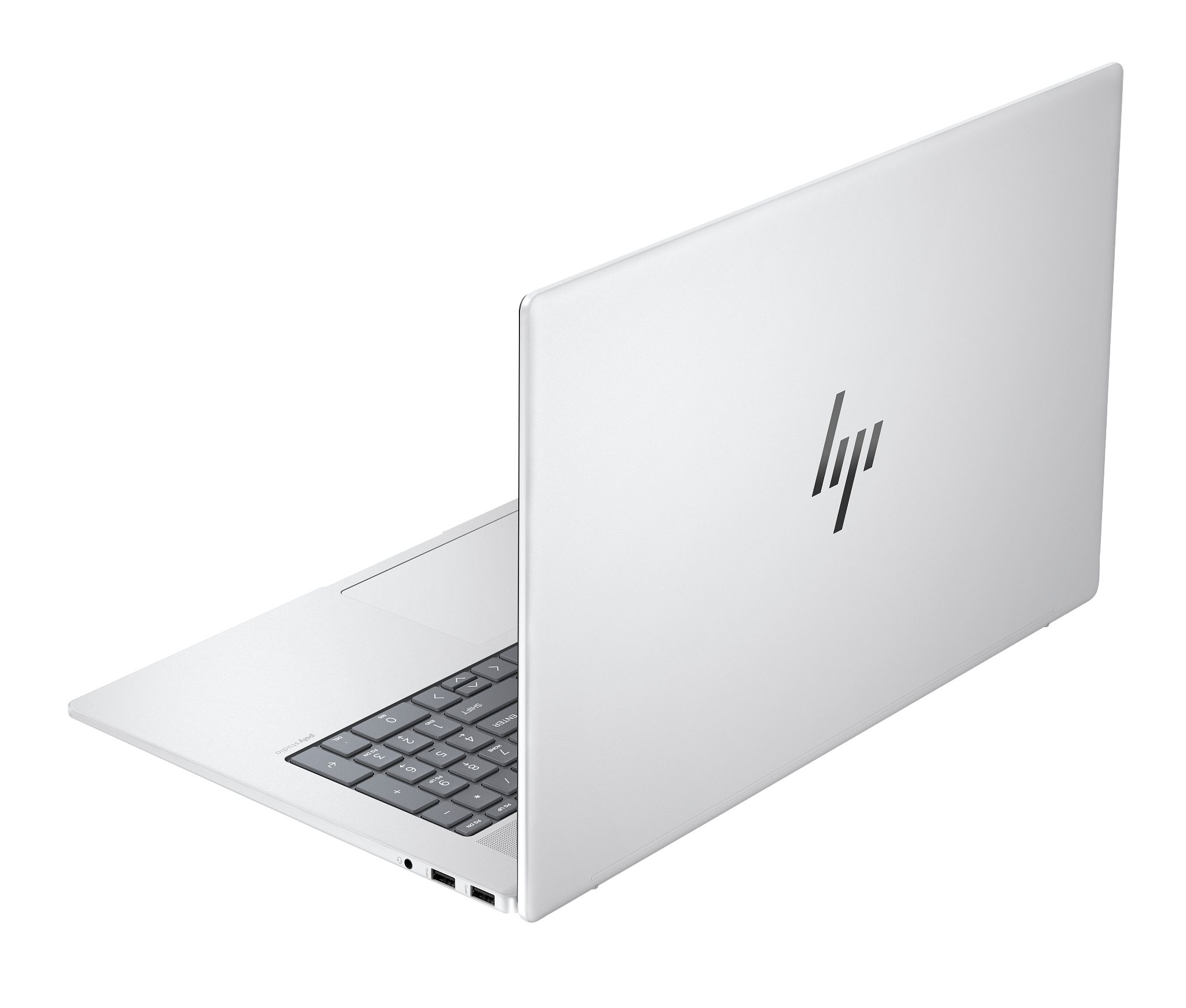Biały laptop, widok z tyłu, otwarty. Widoczne logo HP. Klawiatura i ekran.