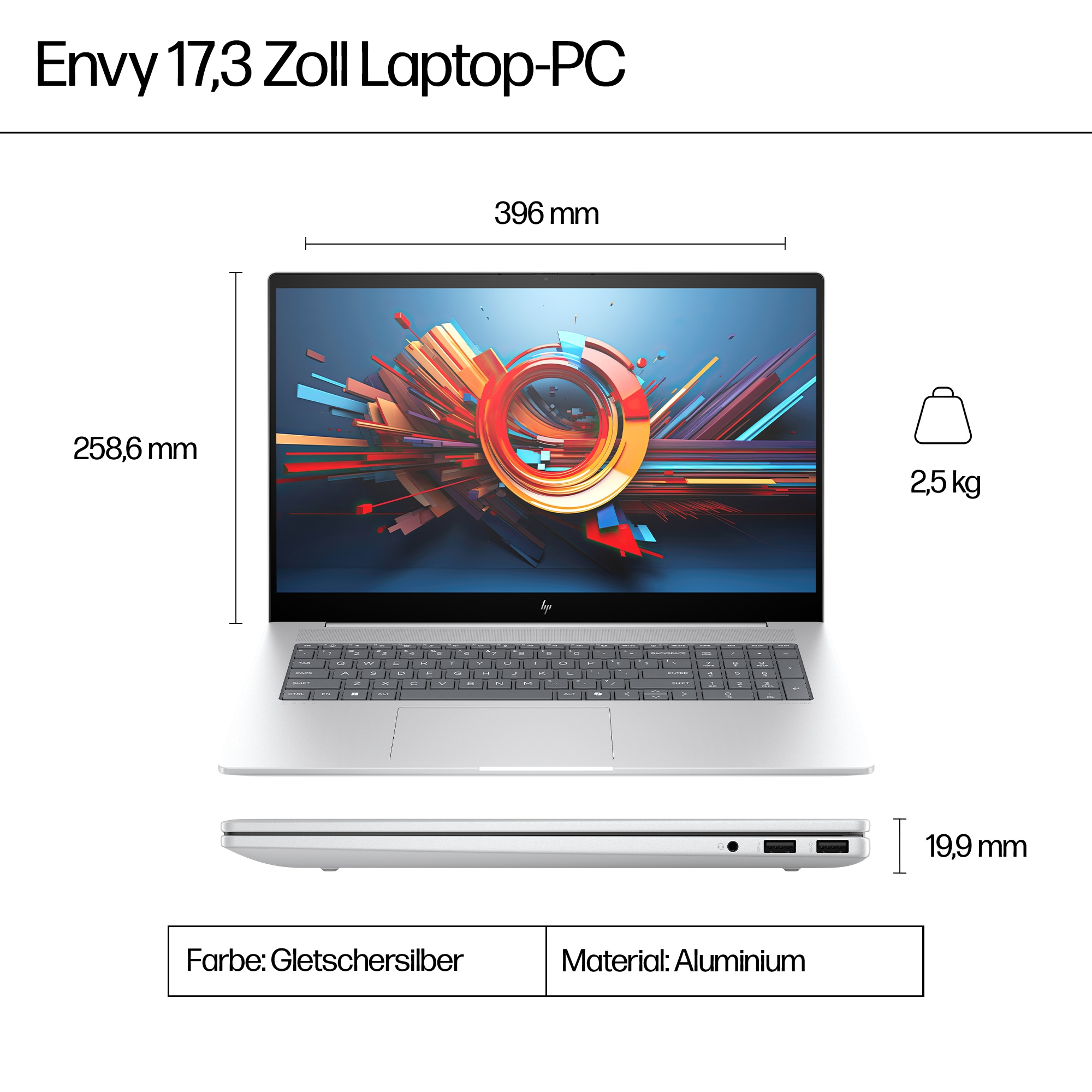 Srebrny laptop z wymiarami i specyfikacjami. Ekran wyświetla abstrakcyjny, kolorowy wzór.