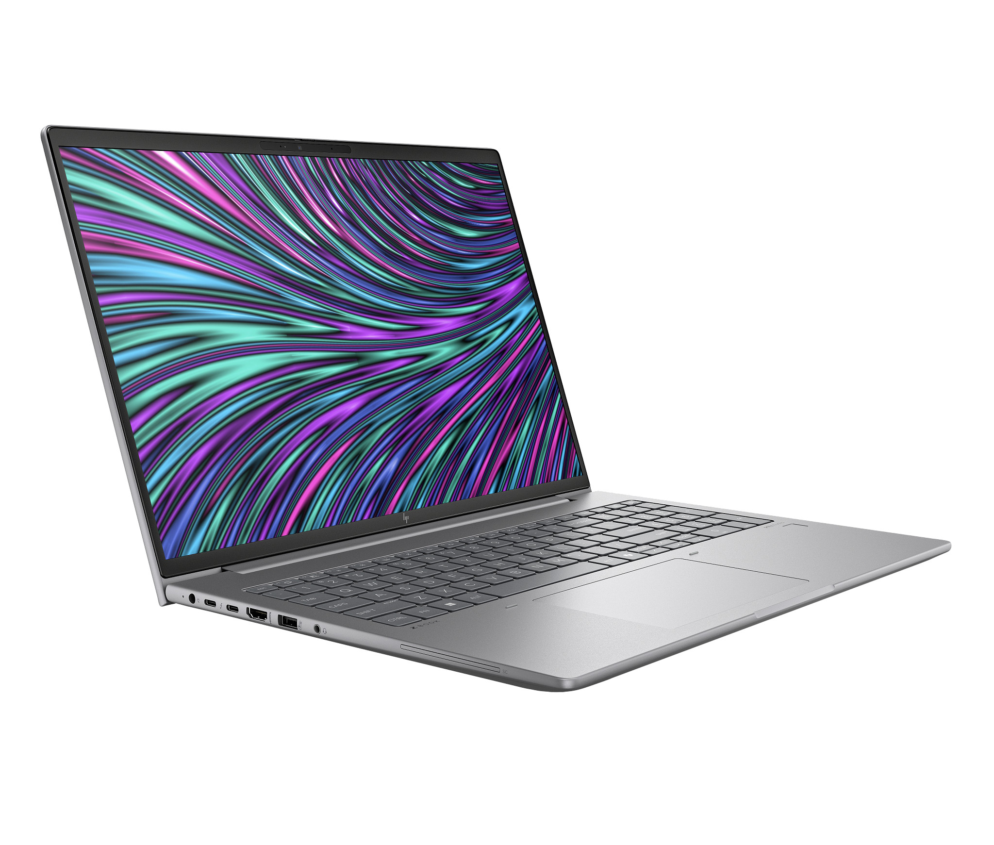 Silberner Laptop, geöffnet. Bildschirm zeigt farbenfrohes Muster. Tastatur und Trackpad sichtbar. Isoliert auf Weiß.