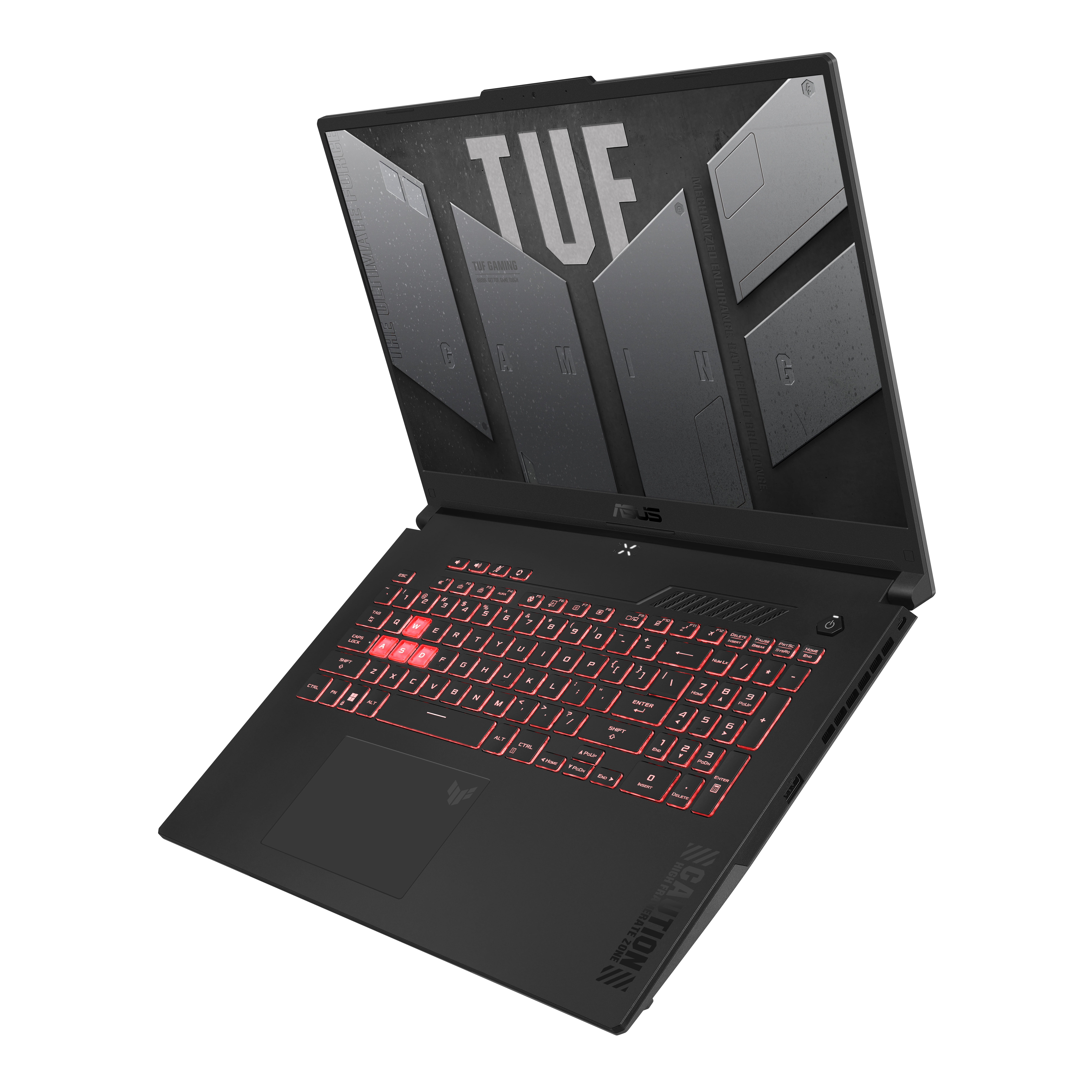 Schwarzer Laptop mit rot beleuchteter Tastatur, geöffnet. Bildschirm zeigt TUF-Logo.