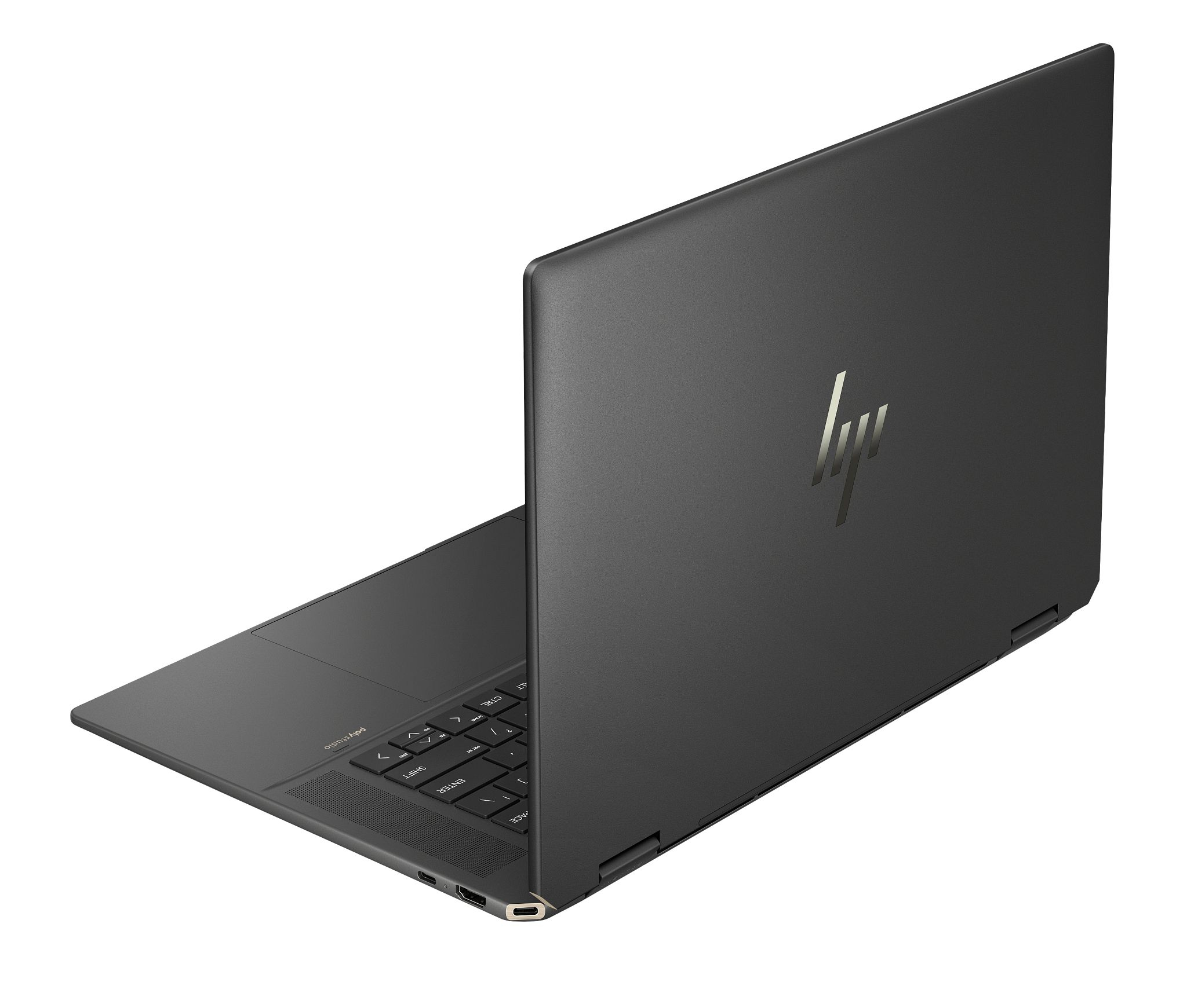 Dunkelgrauer Laptop, Rückansicht, offen. HP-Logo sichtbar. Auf weißem Hintergrund.