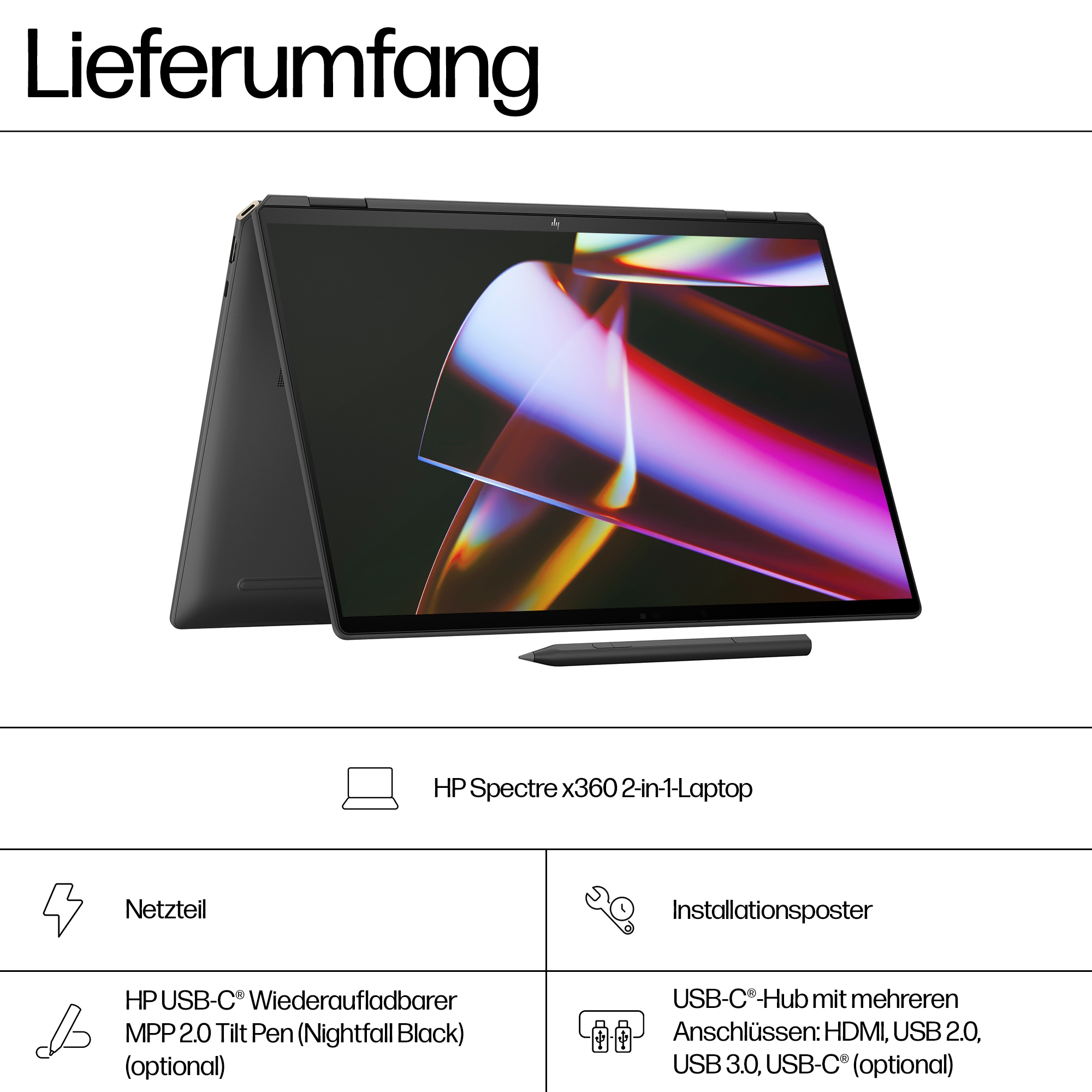 Czarny i srebrny laptop z rysikiem. Ekran laptopa jest otwarty. Poniżej szczegóły i akcesoria.