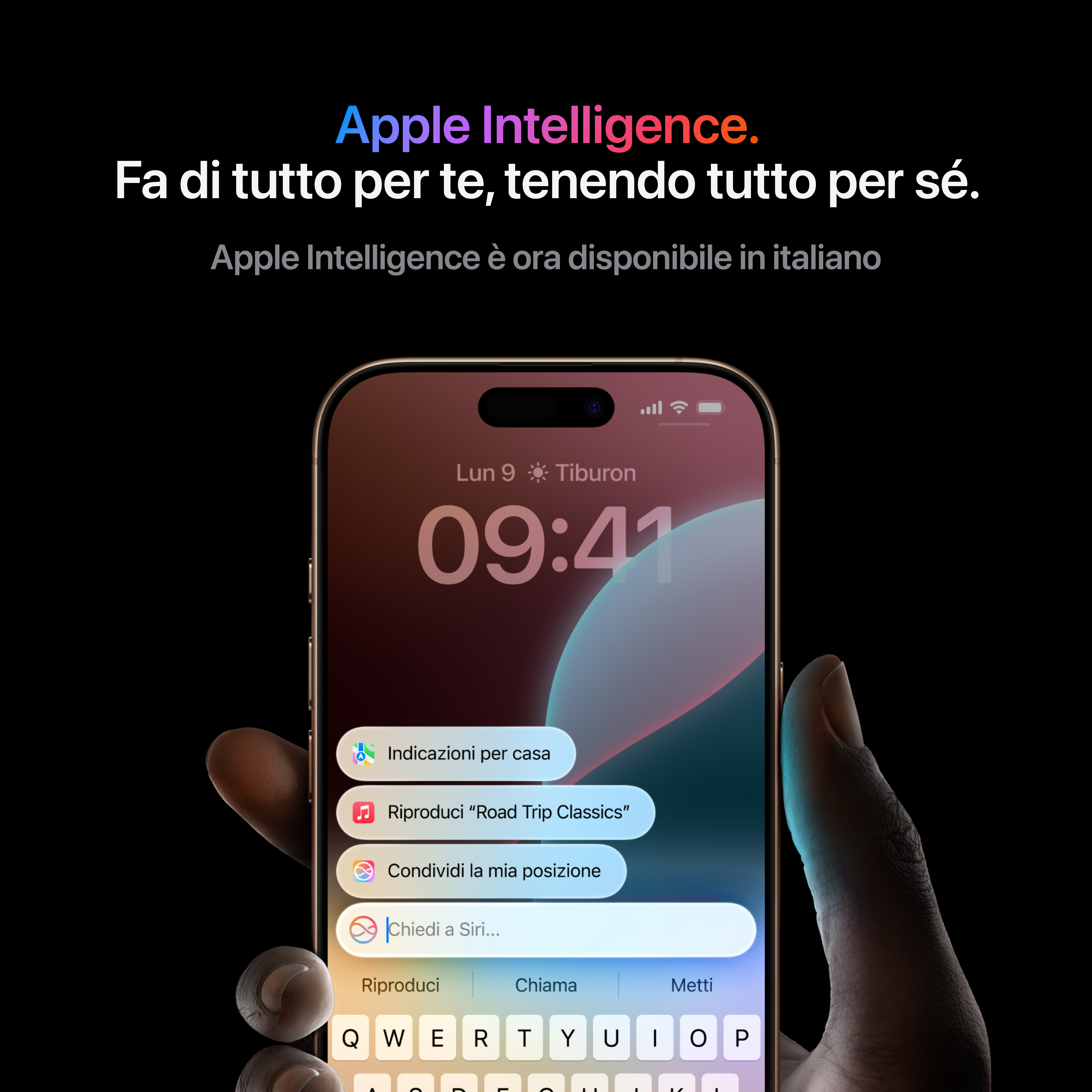 Ekran iPhone'a z Apple Intelligence, włoski tekst i opcje.