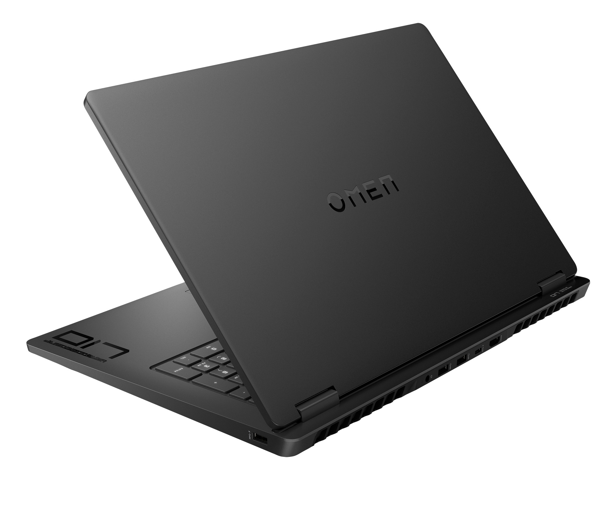 Czarny laptop z logo OMEN, otwarty na białej powierzchni.