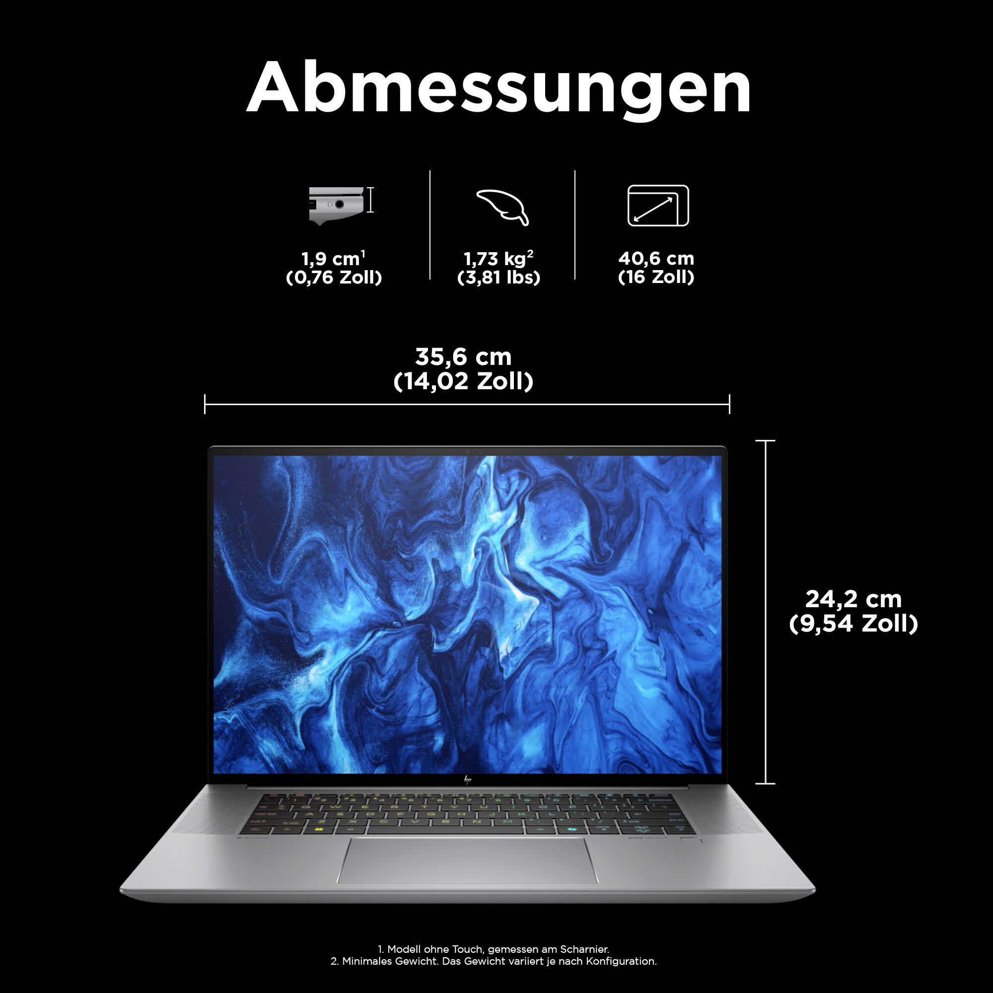 Silberner Laptop mit blauem Muster auf dem Bildschirm. Abmessungen in cm und Zoll dargestellt.