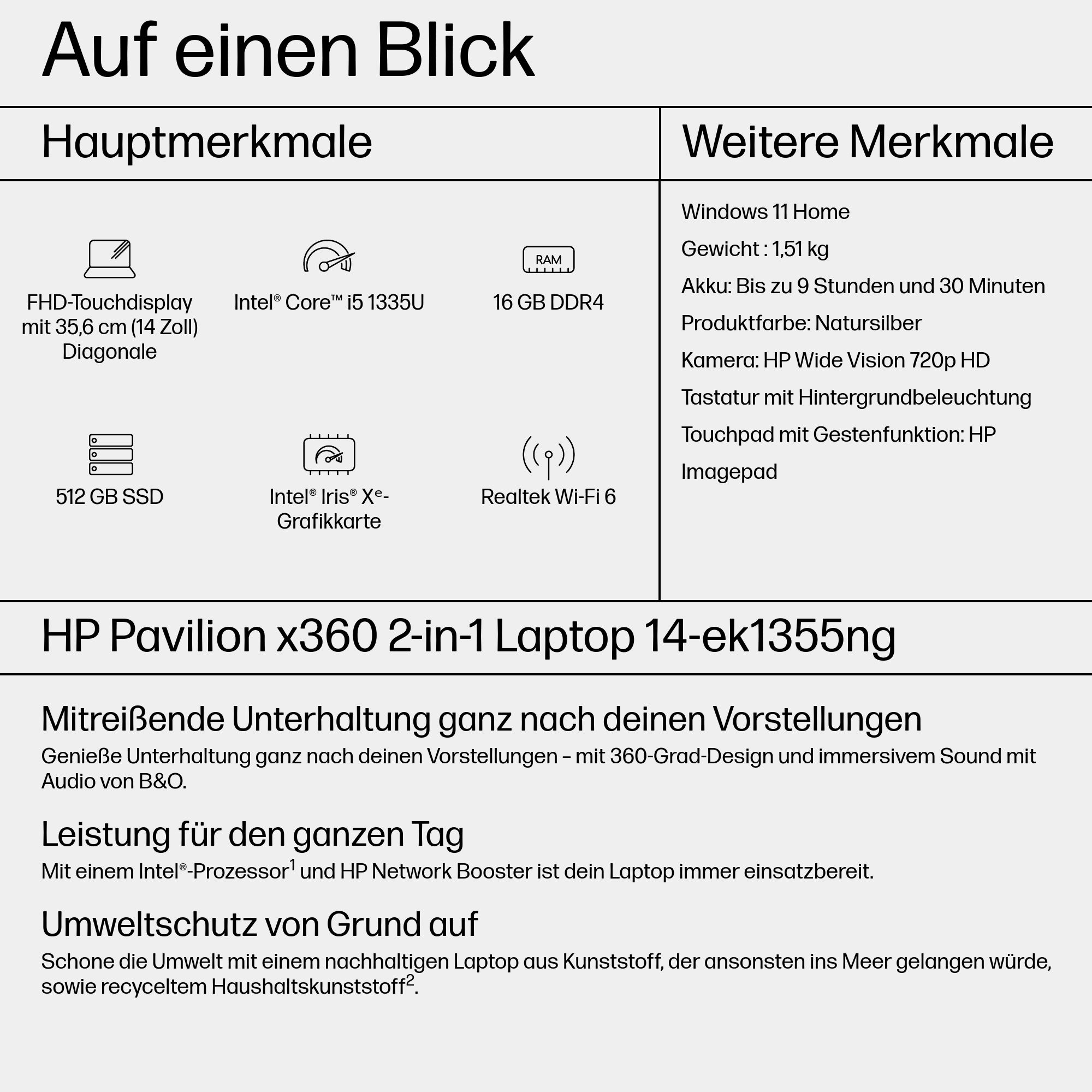 Ein weißes Laptop mit schwarzer Tastatur und eine Liste von Funktionen und Spezifikationen auf Deutsch.