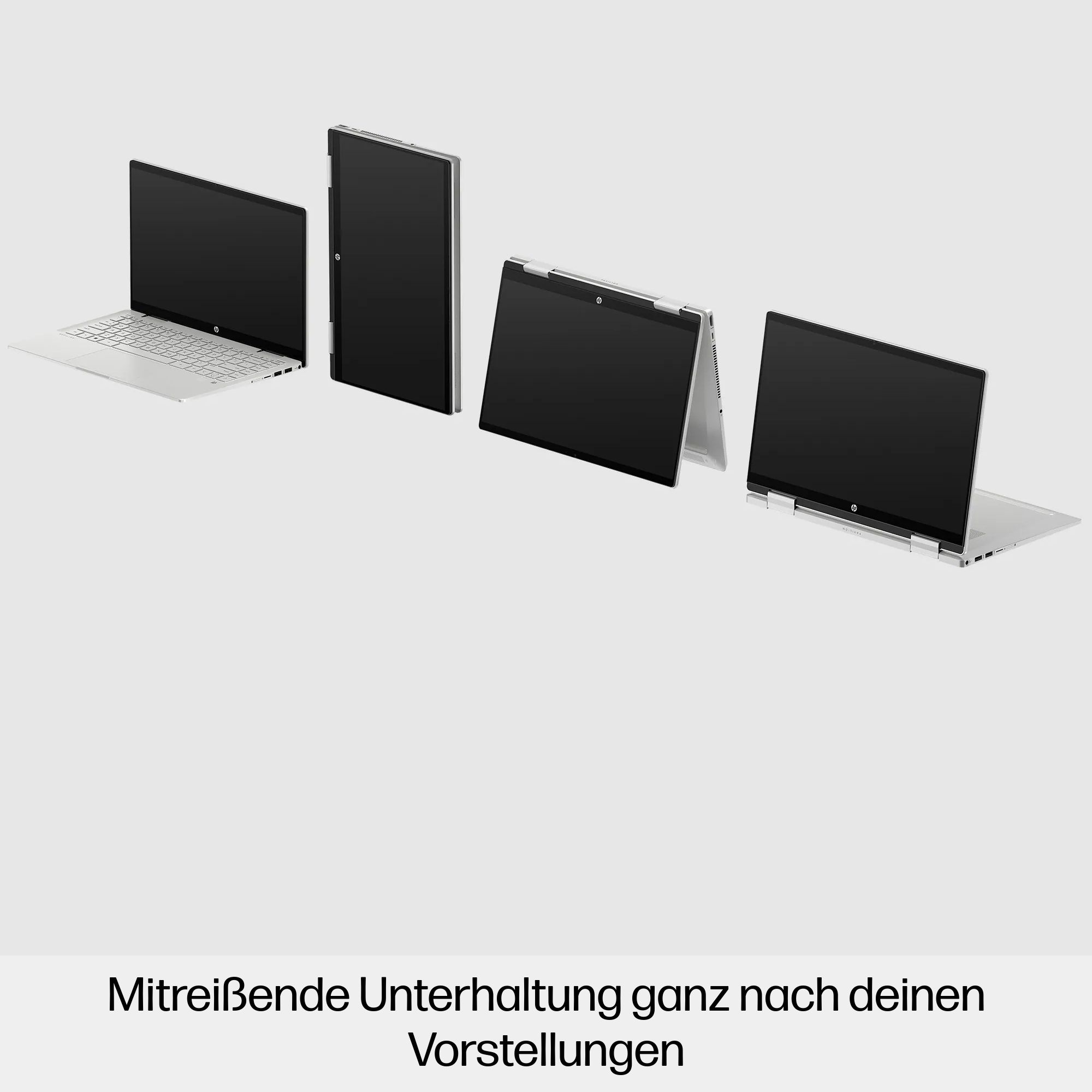 Laptops in verschiedenen Winkeln vor hellem Hintergrund. Text unten auf Deutsch.