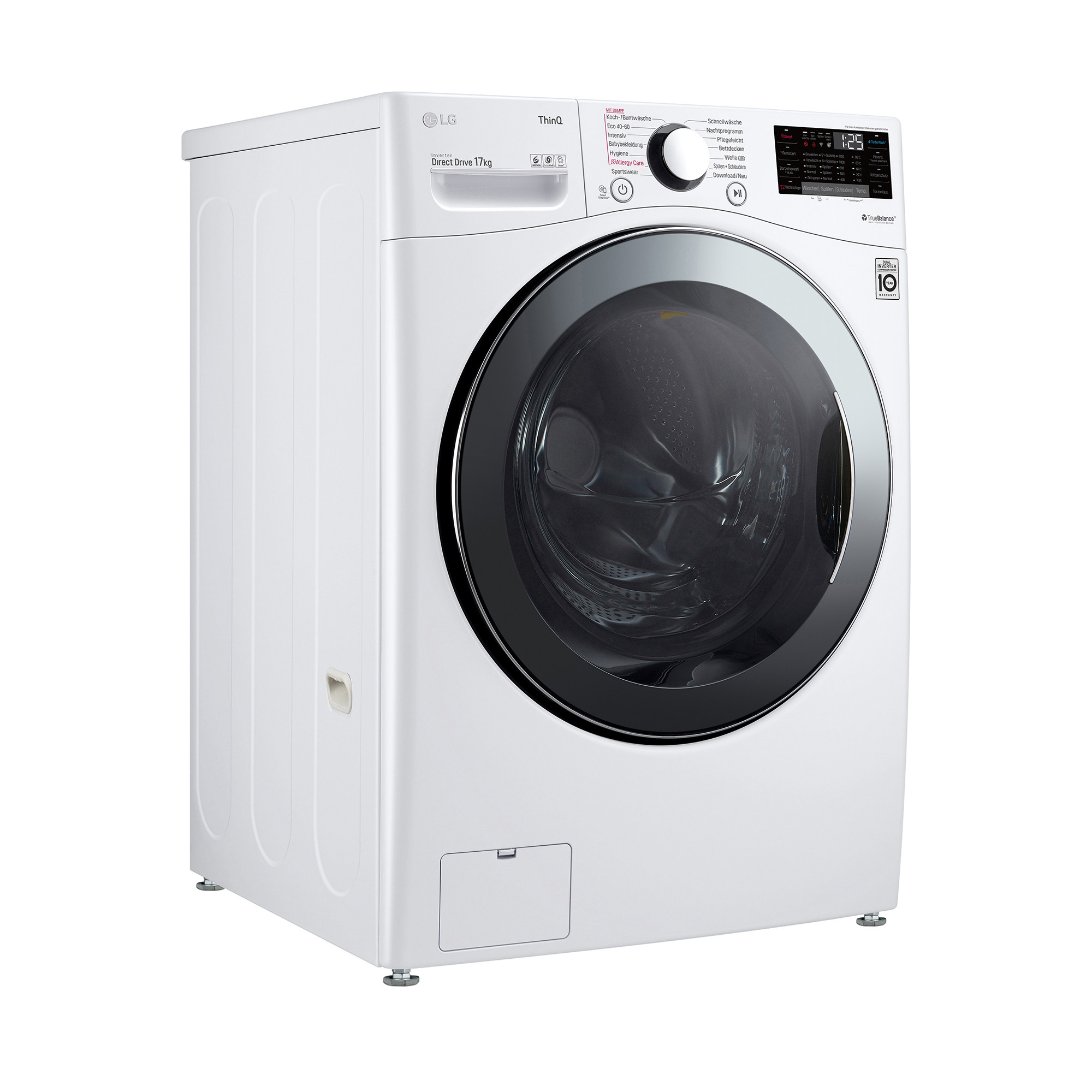 Eine weiße LG Waschmaschine, seitlich gesehen, mit schwarzer Tür und Digitalanzeige.