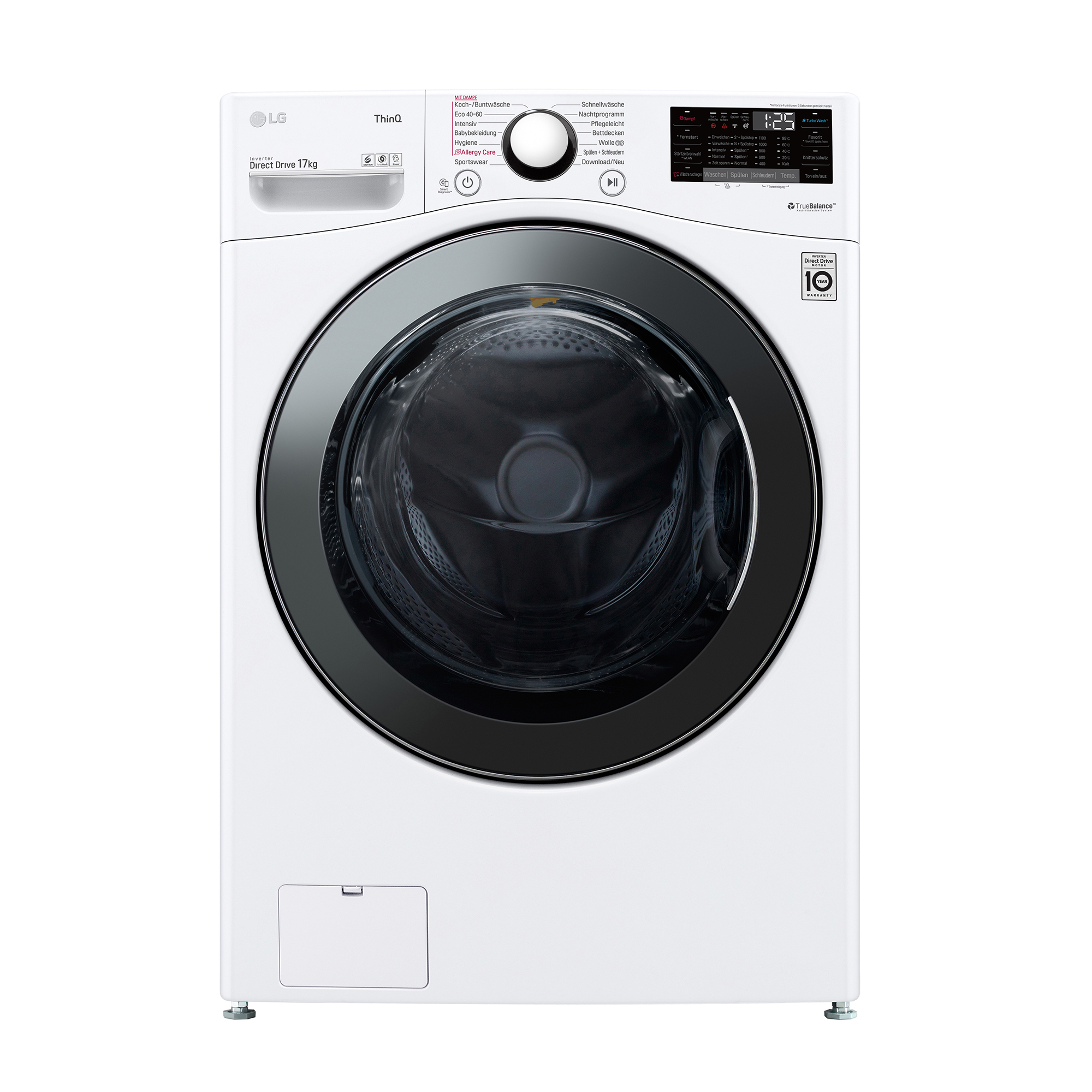 Weiße LG Waschmaschine mit dunkler Tür und Bedienfeld.