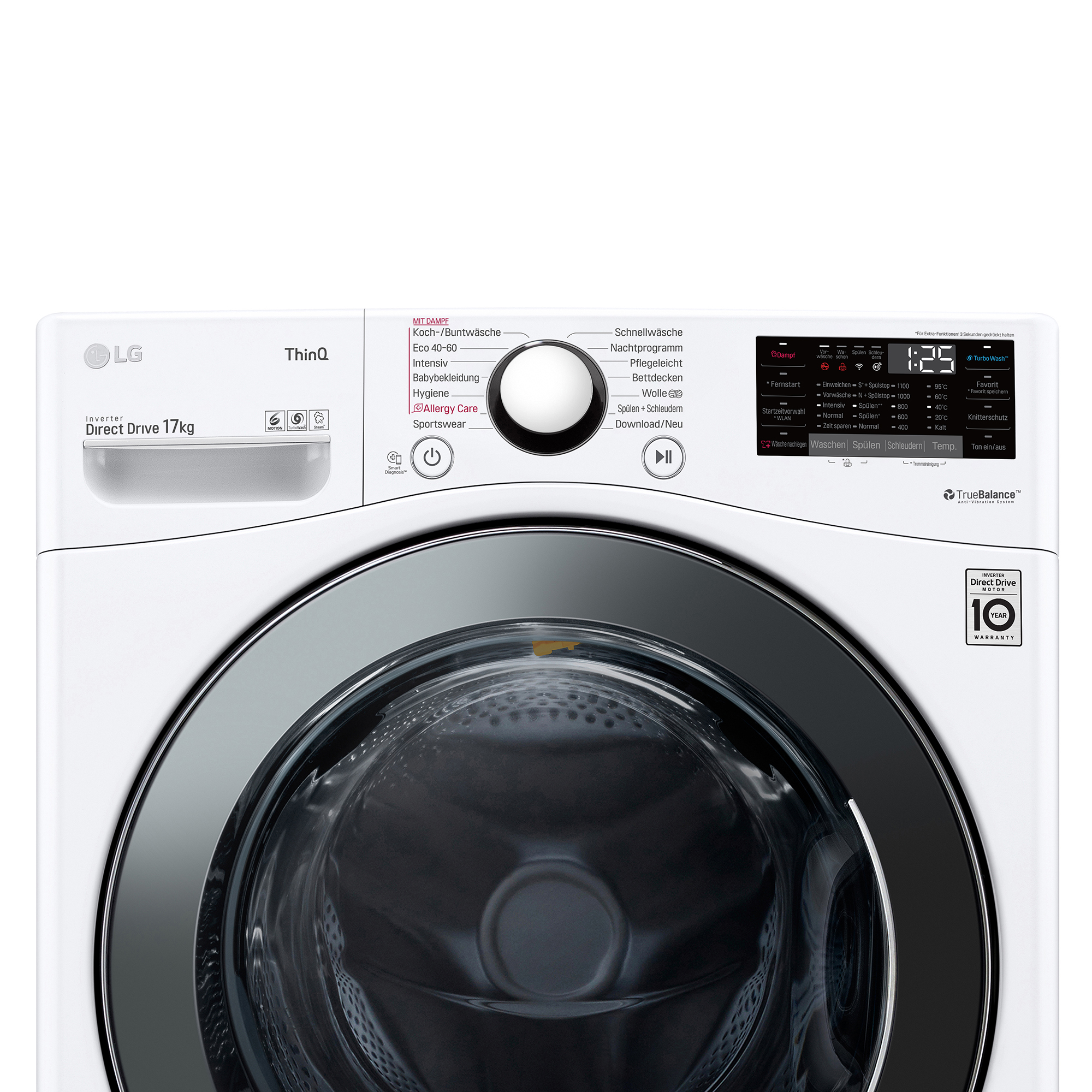 Eine weiße Waschmaschine mit schwarzem Rand und Bedienfeld. LG- und Direct Drive-Etiketten.