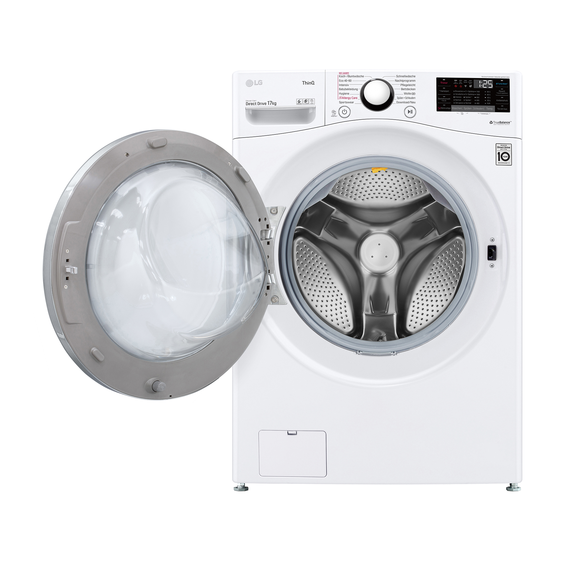 Weiße LG Waschmaschine mit offener Tür, Trommel sichtbar. Graue Verkleidung, weißer Hintergrund.