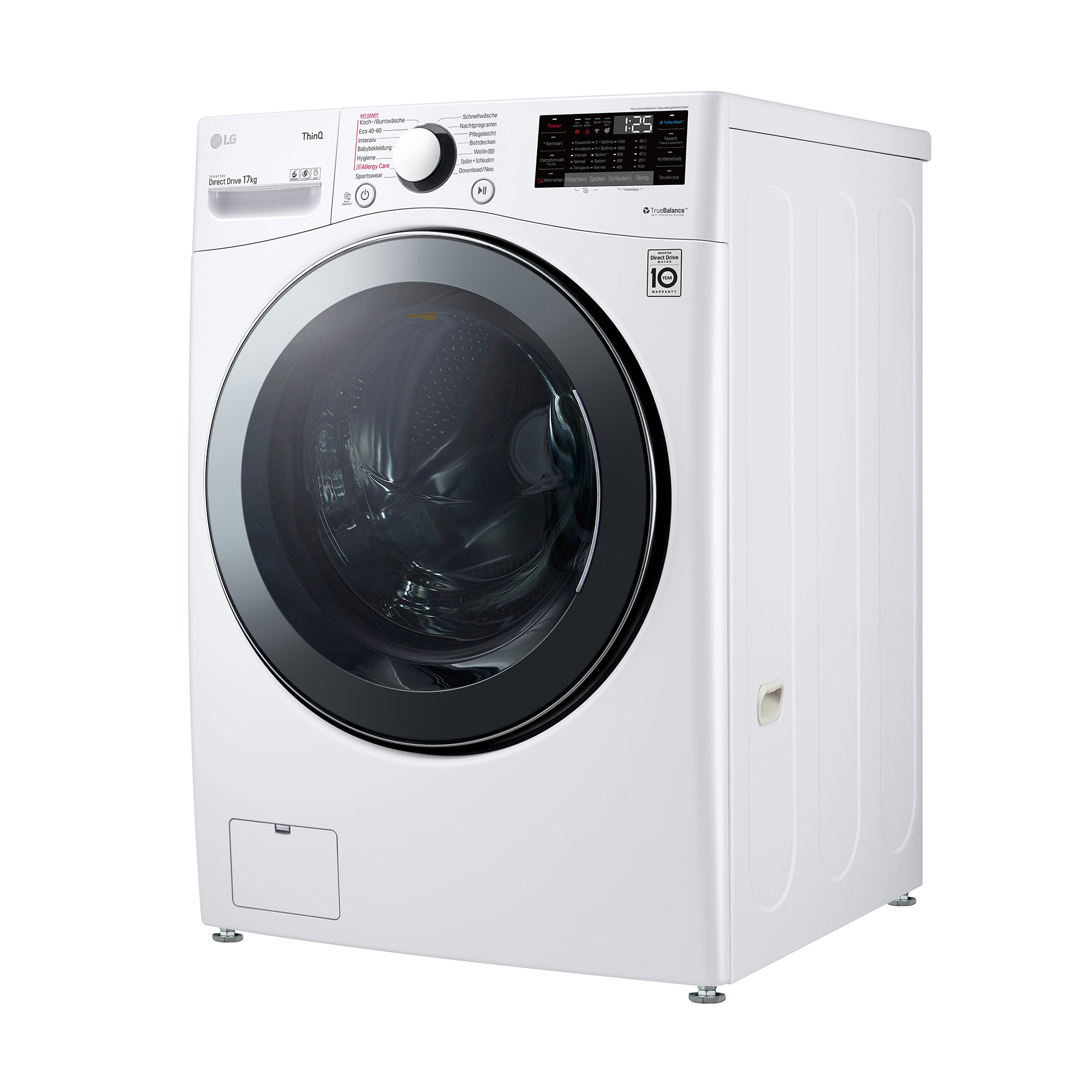 Eine weiße LG Waschmaschine, Vorderansicht, mit schwarzer Tür.