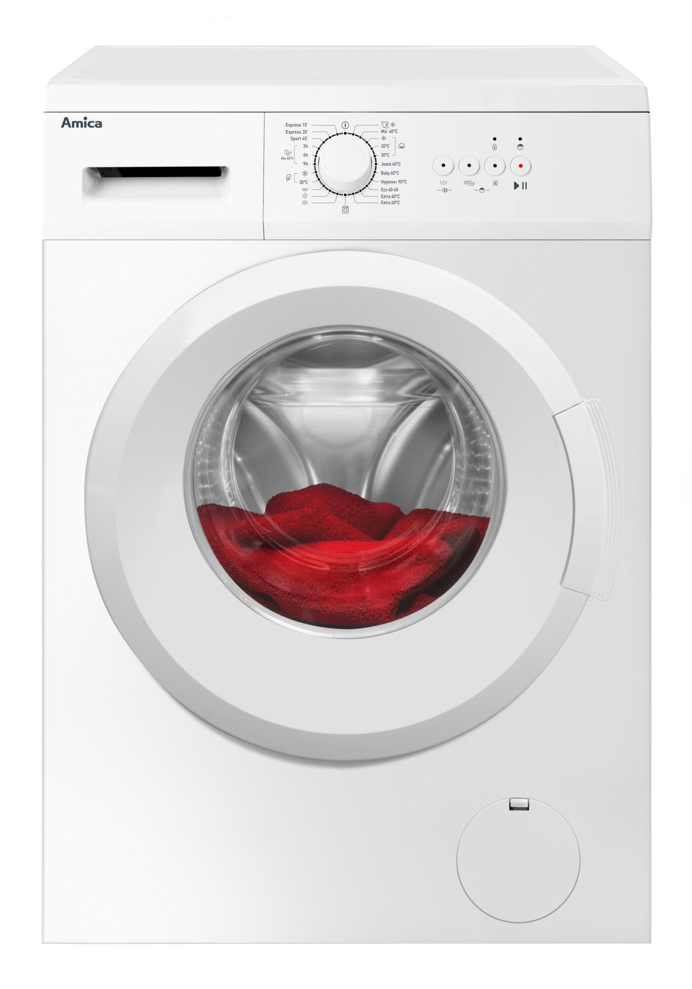 Weiße Waschmaschine mit rotem Gegenstand sichtbar in der Tür.