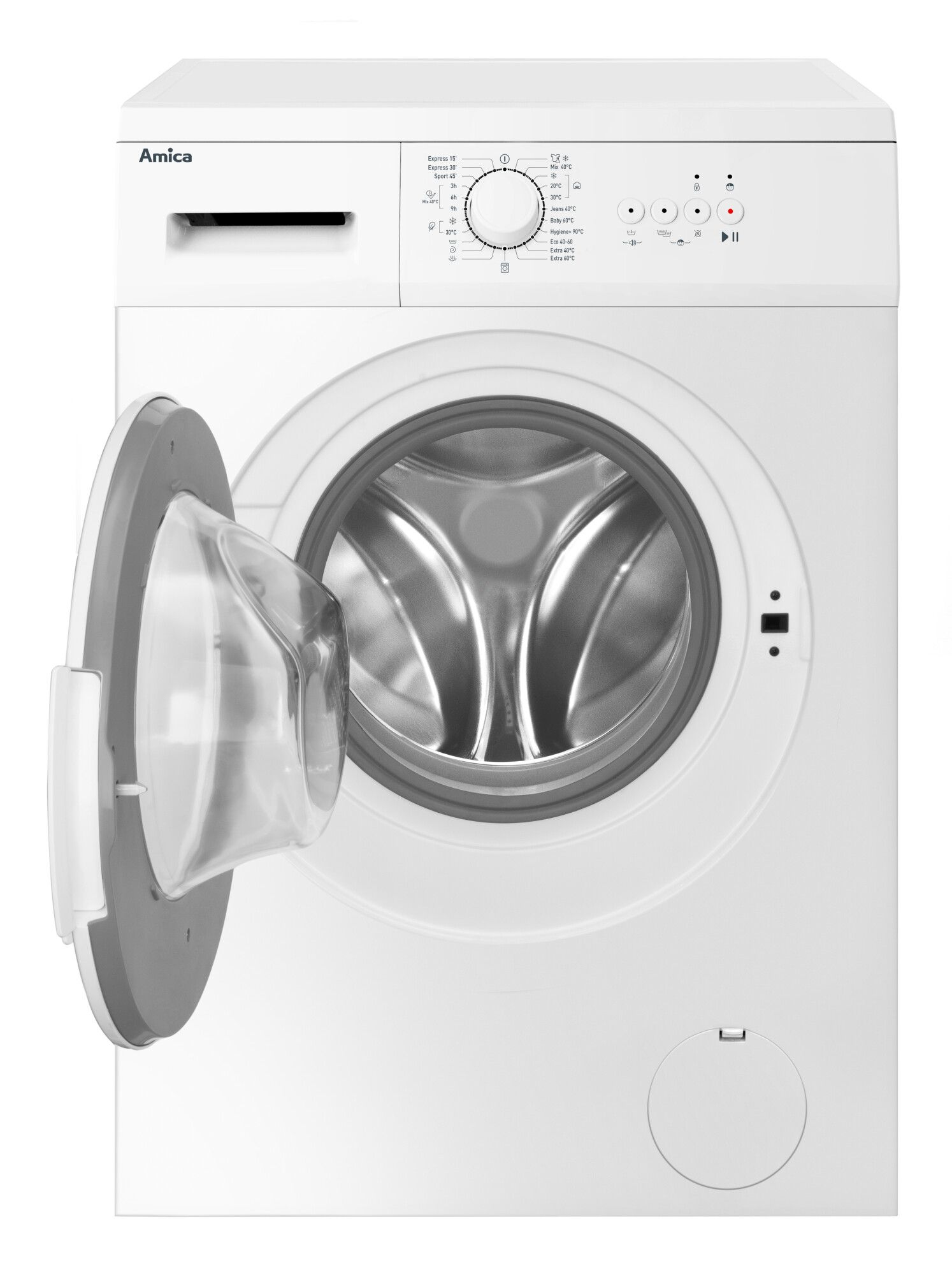 Weiße Waschmaschine mit offener Tür. Die Tür ist grau und hat ein klares Fenster.