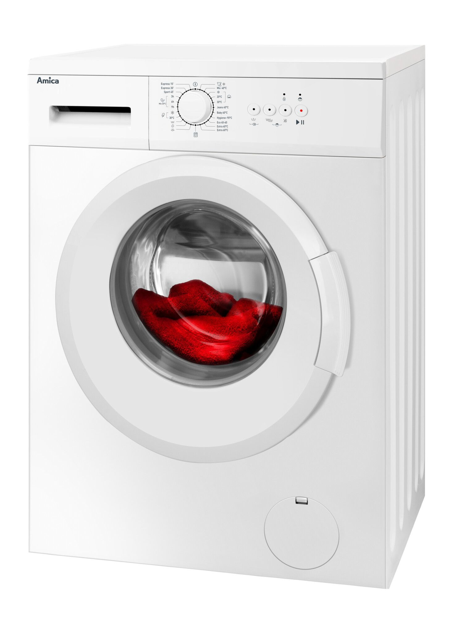 Biała pralka z czerwoną odzieżą wewnątrz szklanych drzwi.