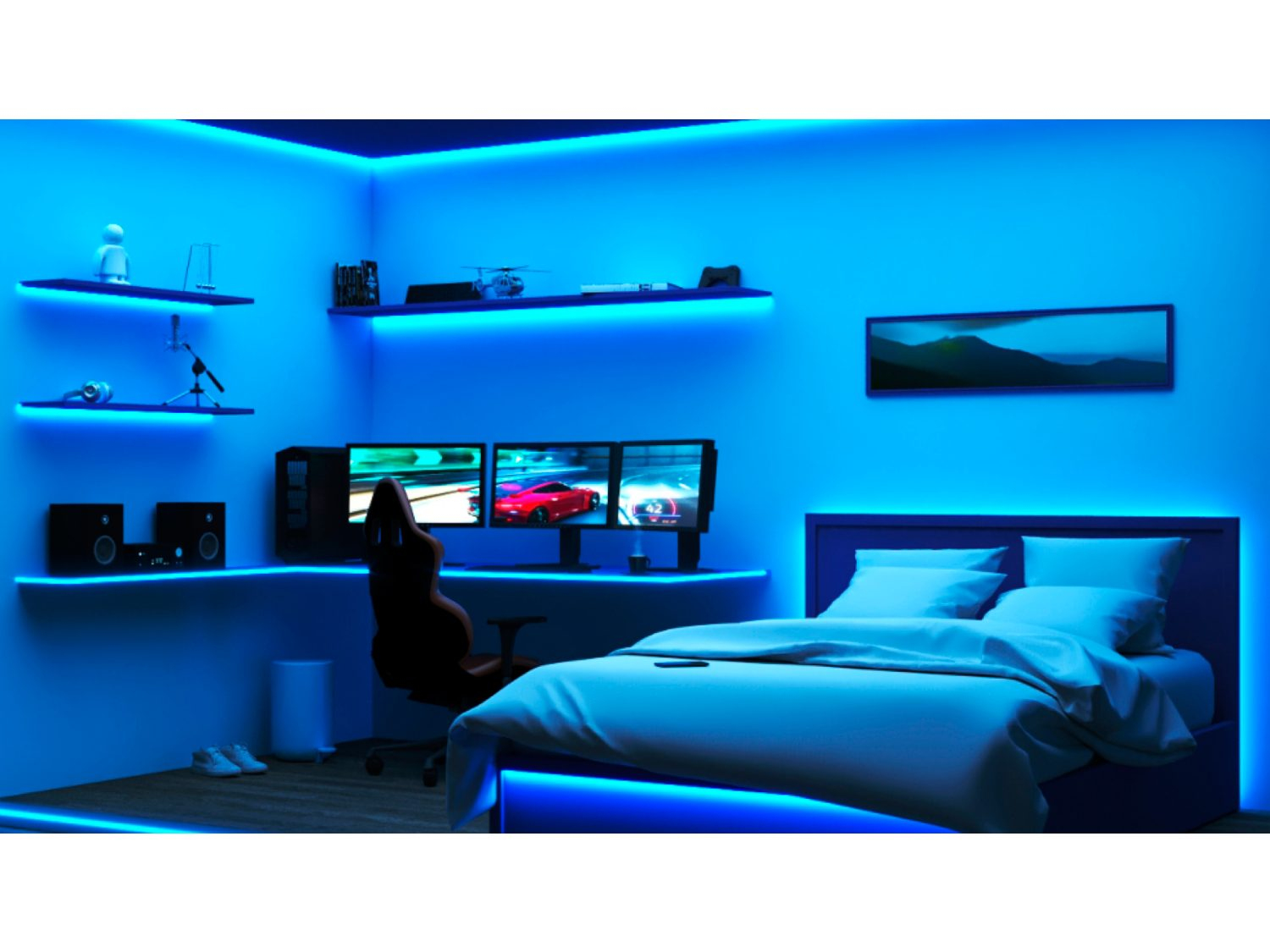 Een gamerkamer met blauwe lichten, met een bureau en bed.