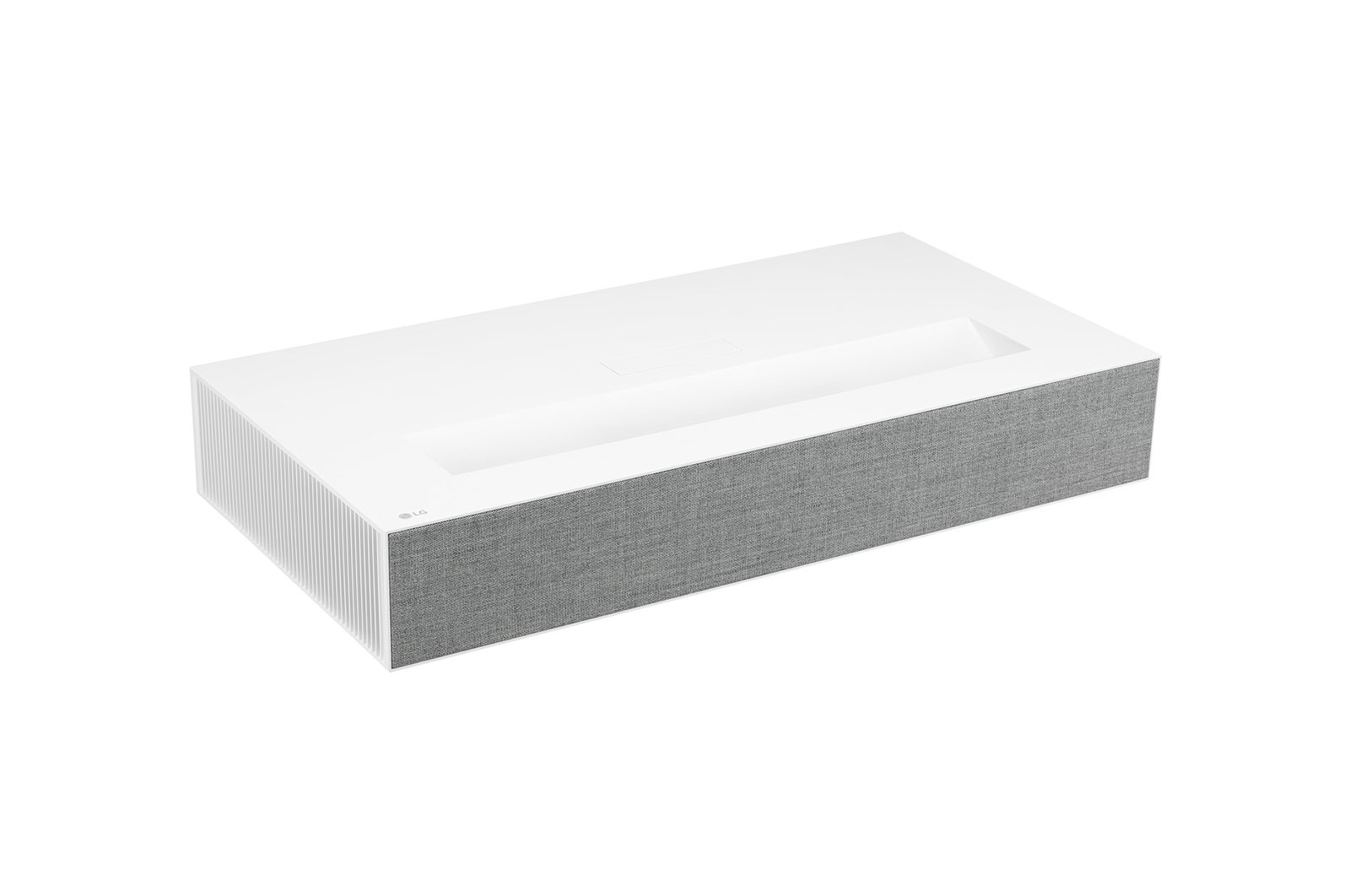 Proyector rectangular blanco con panel frontal de tela gris, diseñado para proyección de corta distancia.