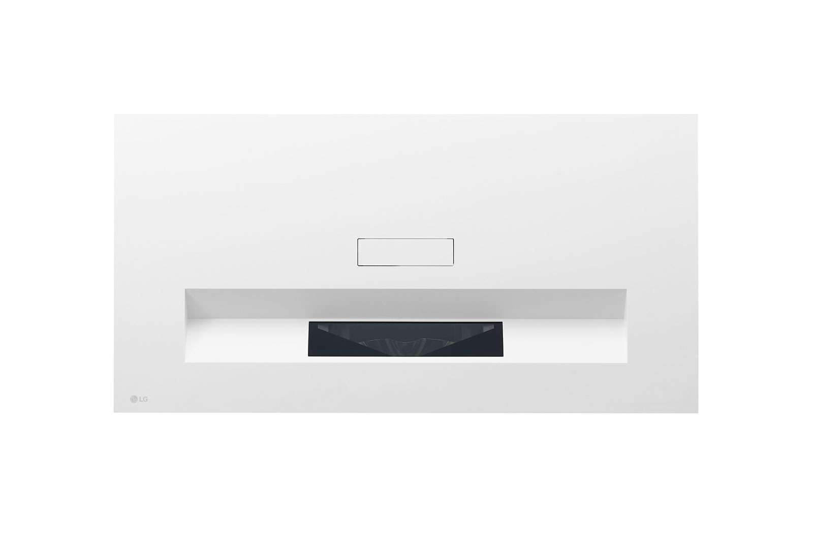 Proyector blanco con área de lente negra empotrada y parte superior rectangular.
