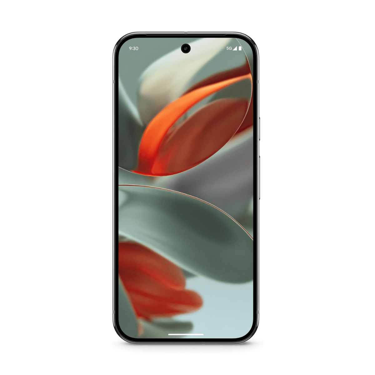 Smartfon z ekranem pokazującym abstrakcyjny kwiatowy wzór w kolorze pomarańczowym i szarym.