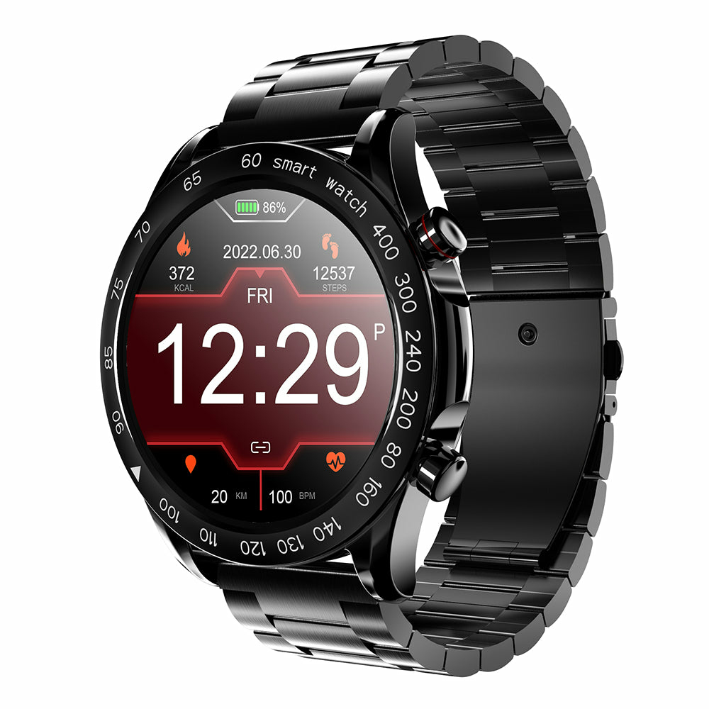 Czarny smartwatch z metalową bransoletą, wyświetlający dane.