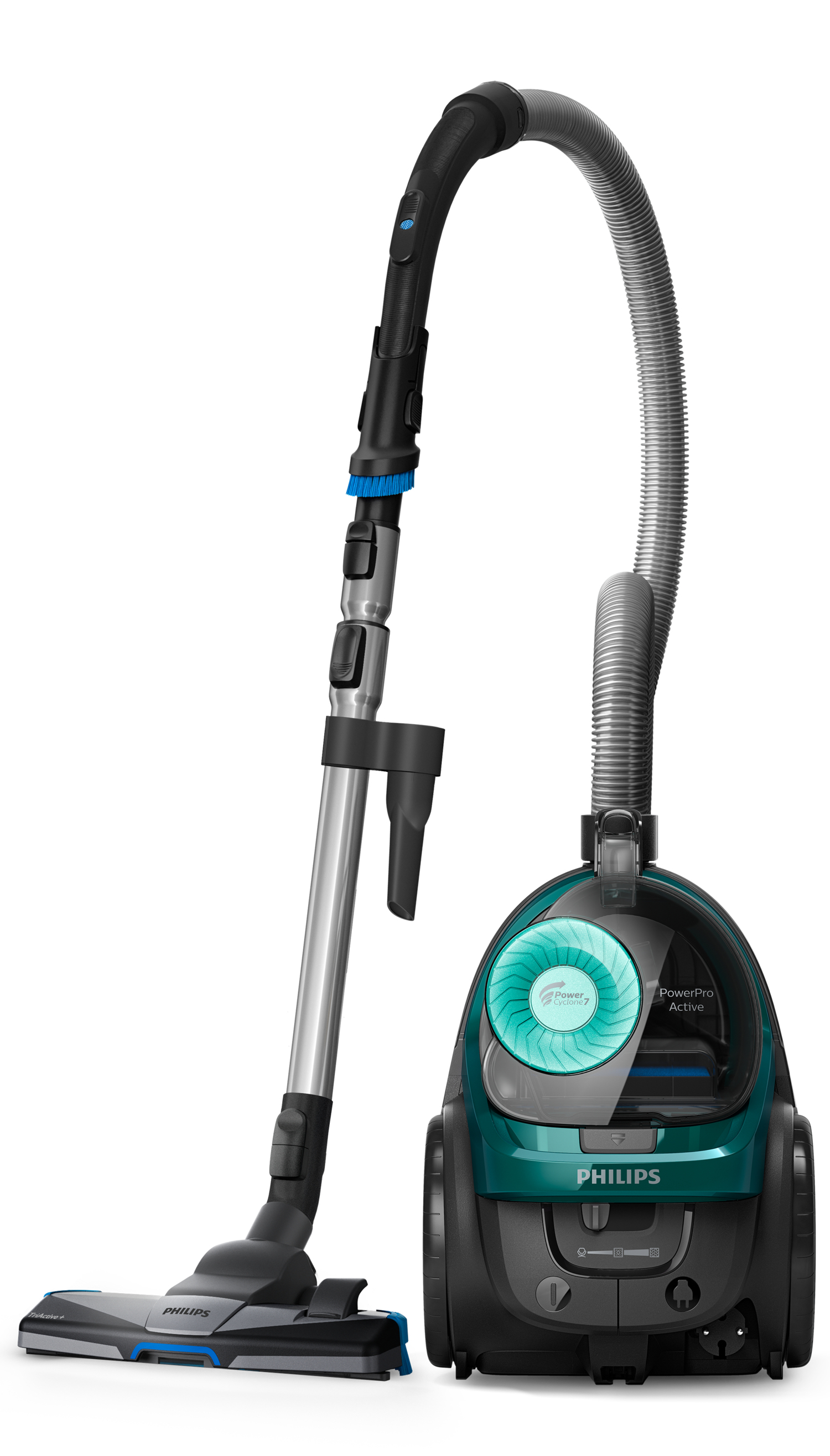 Zielono-czarny odkurzacz Philips PowerPro Active, stojący pionowo.