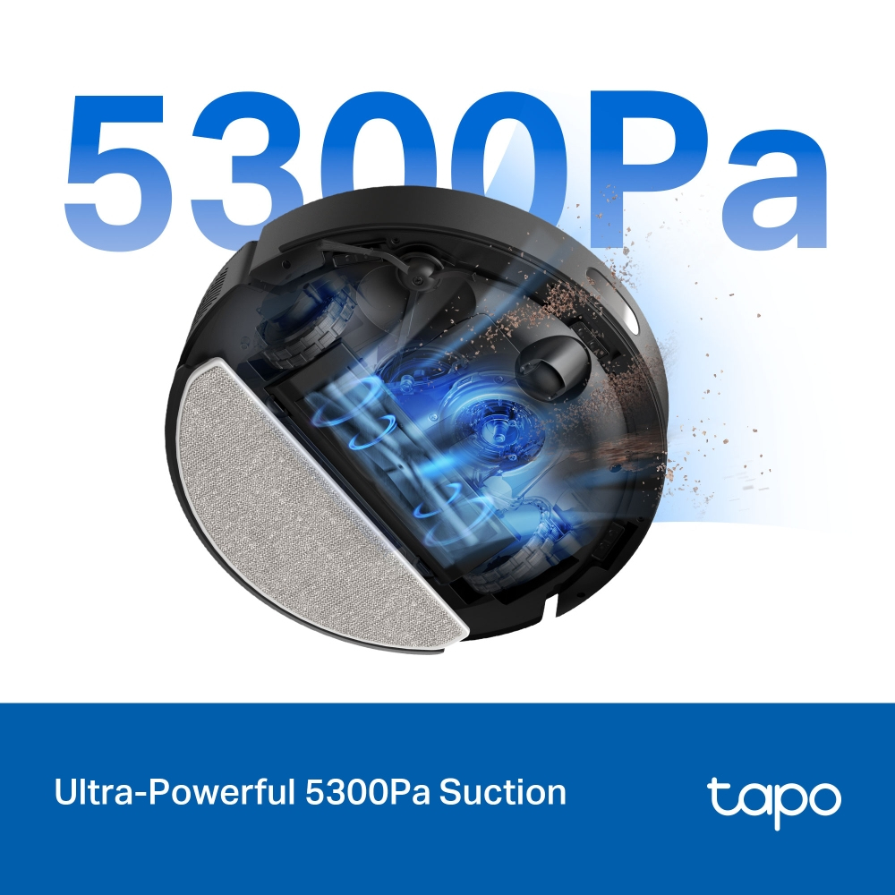 Czarny robot odkurzający, ustawiony pod kątem, z tekstem "5300Pa" i "Ultra-Powerful 5300Pa Suction".