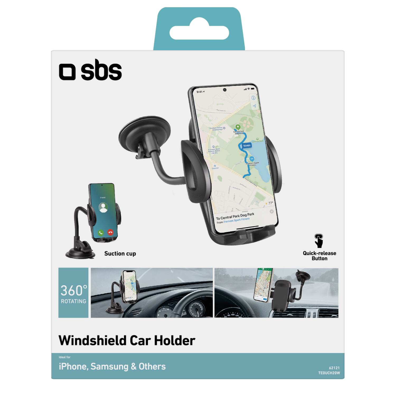 Supporto auto SBS: Supporto ventosa, rotazione 360°, pulsante sgancio rapido.