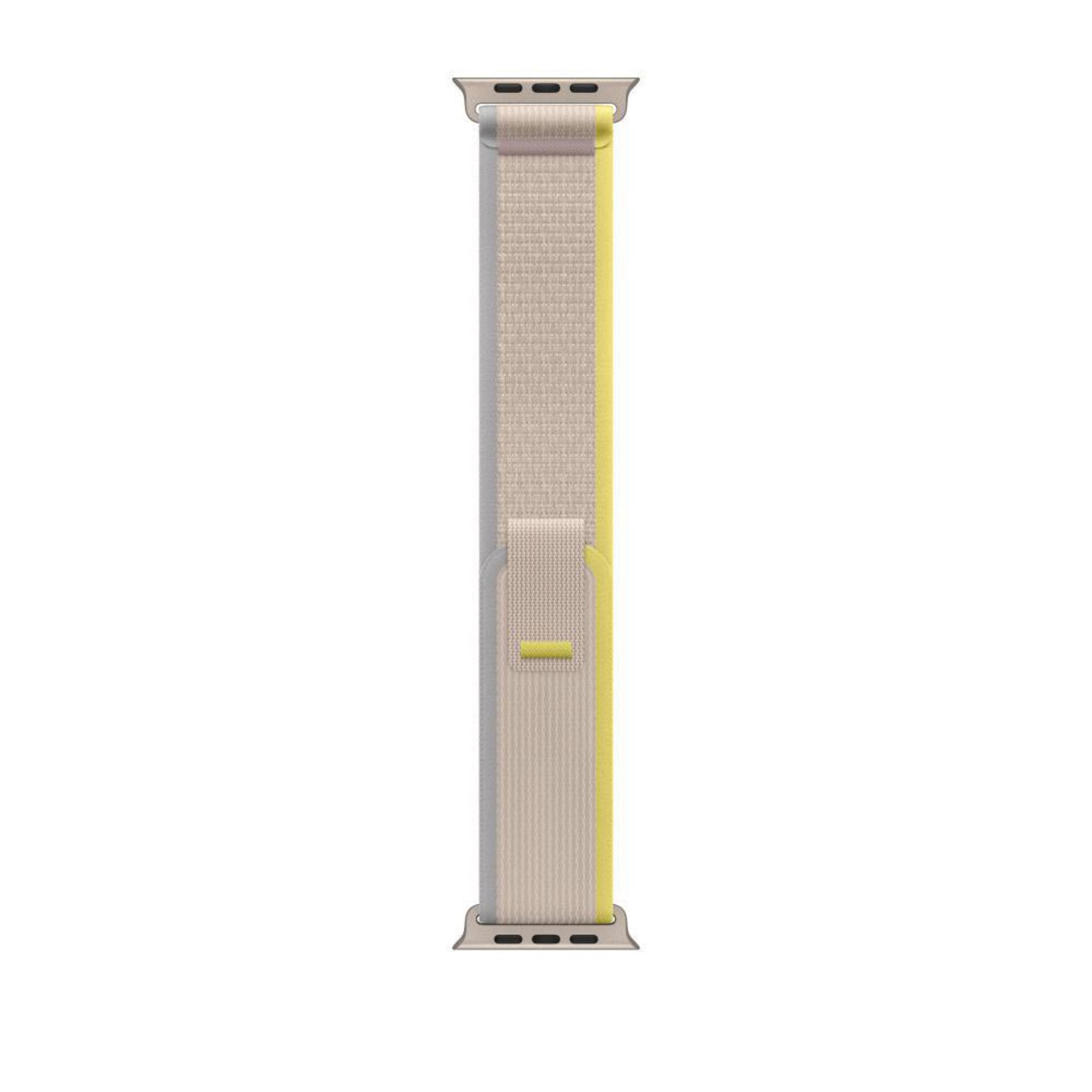 A light woven watch band with yellow and grey stripes.