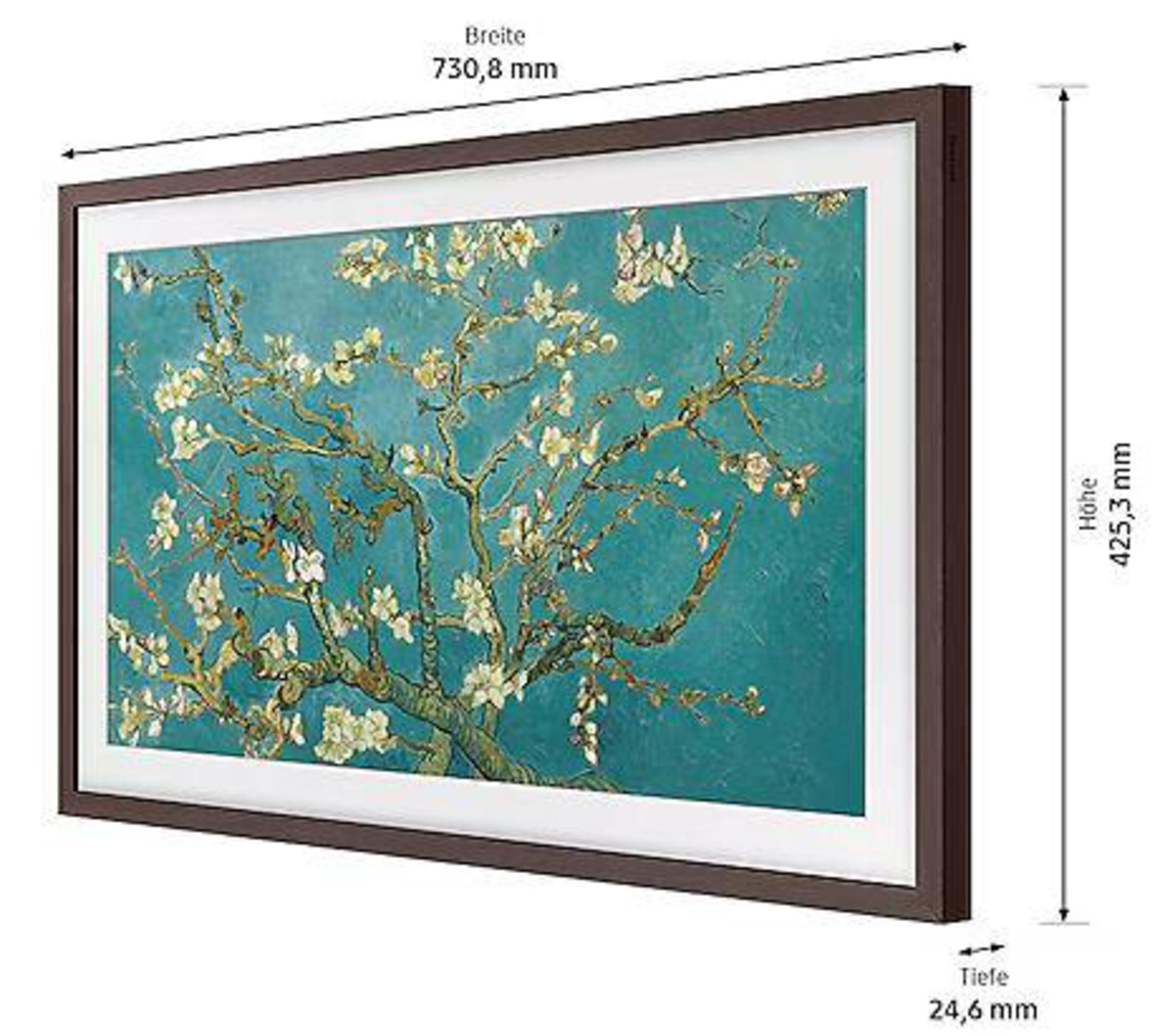 Marco de TV con pintura. Flores blancas en ramas, fondo azul. Dimensiones mostradas.