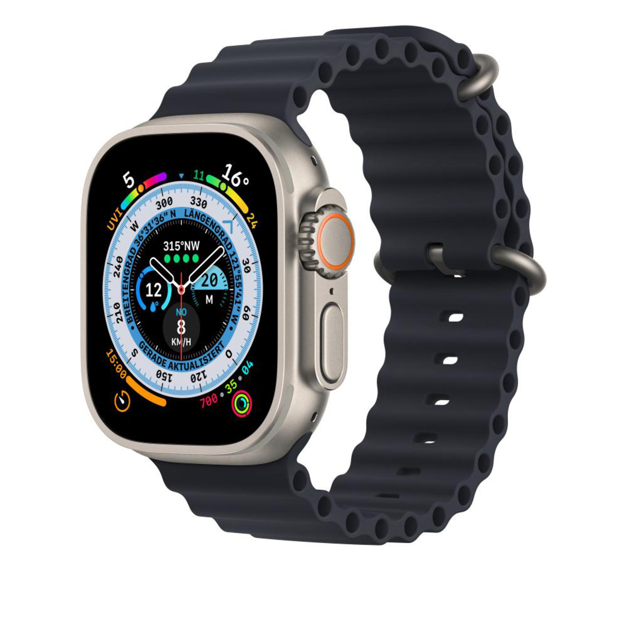 Een zilverkleurig smartwatch met donker bandje, met navigatiegegevens op het scherm.