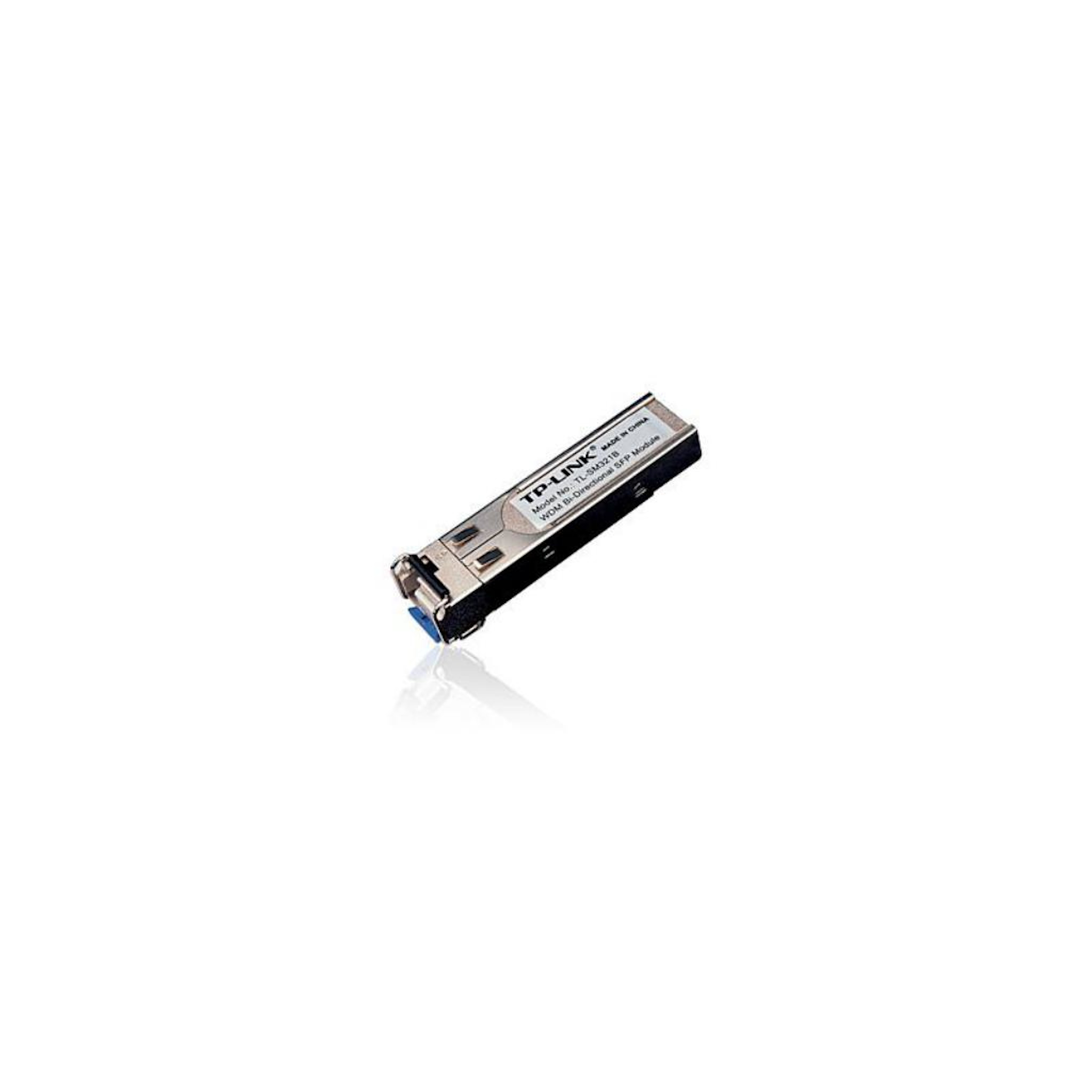 Módulo TP-Link TL-SM321B plateado con conector azul, aislado sobre blanco.