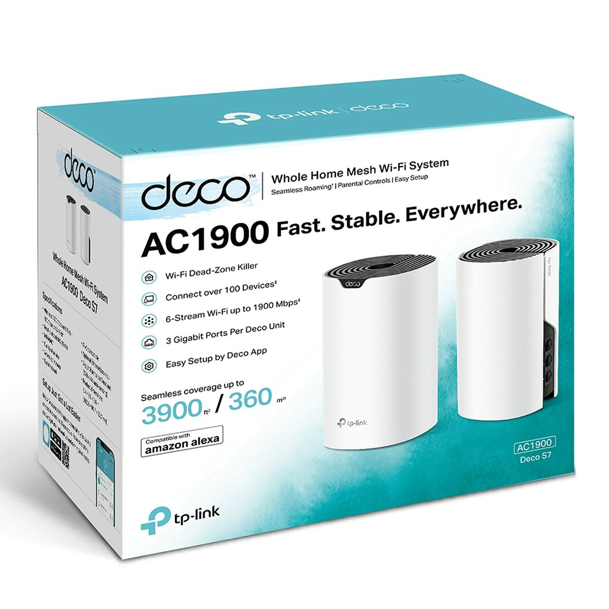 Eine Box für ein Deco Mesh Wi-Fi-System. Es zeigt Geräte und Schlüsselfunktionen.