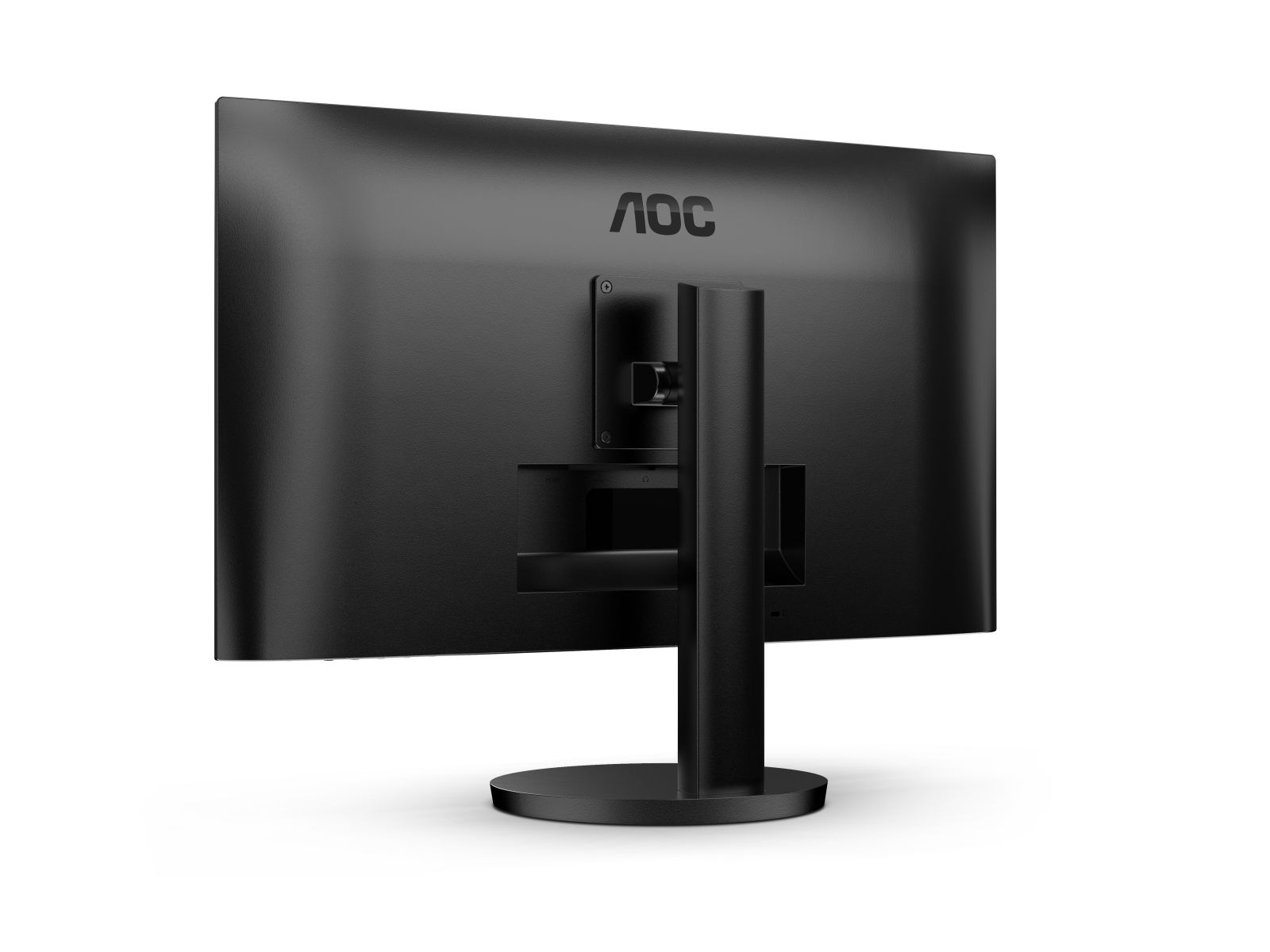 Achteraanzicht van een zwarte computermonitor met het merk AOC bovenaan.