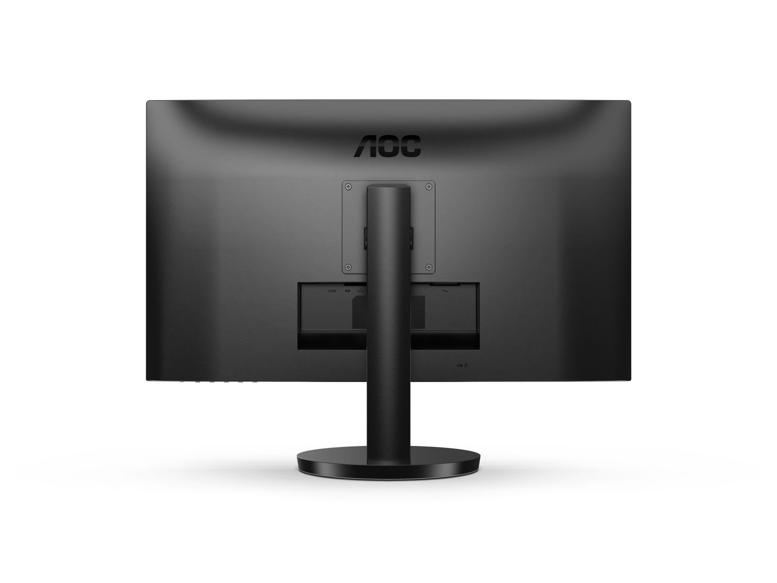 Achterkant van een zwarte AOC-monitor met standaard en poorten.