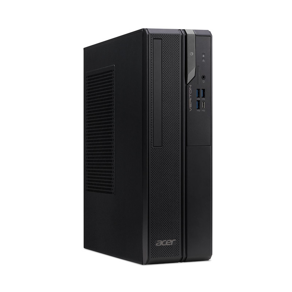 Un computer desktop Acer Veriton nero è posizionato verticalmente su uno sfondo bianco.