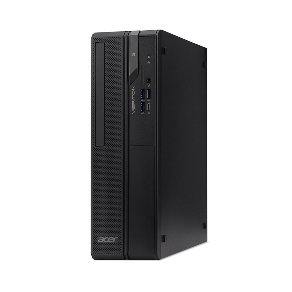 Una torre PC Acer Veriton nera in posizione verticale, con diverse porte frontali.