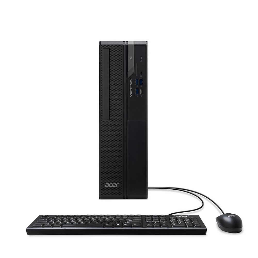 Un computer desktop Acer Veriton nero con tastiera e mouse su sfondo bianco.
