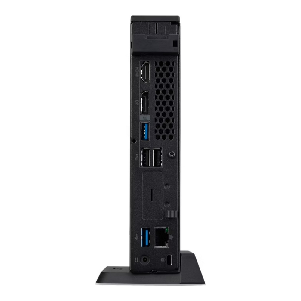 Mini PC nero in piedi su una base nera, con porte visibili.