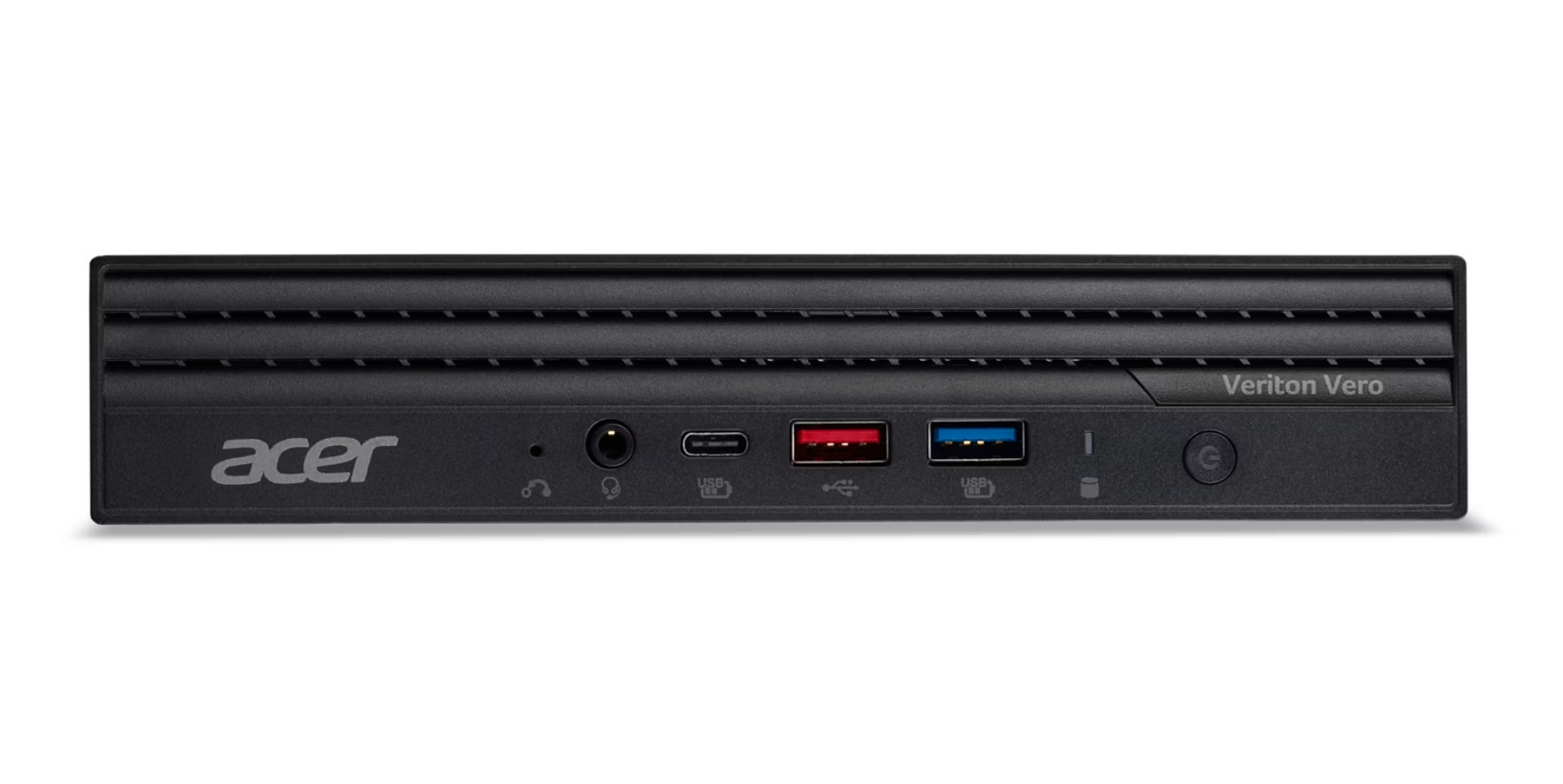 Mini PC Acer Veriton Vero nero. Ha porte e un pulsante di accensione.