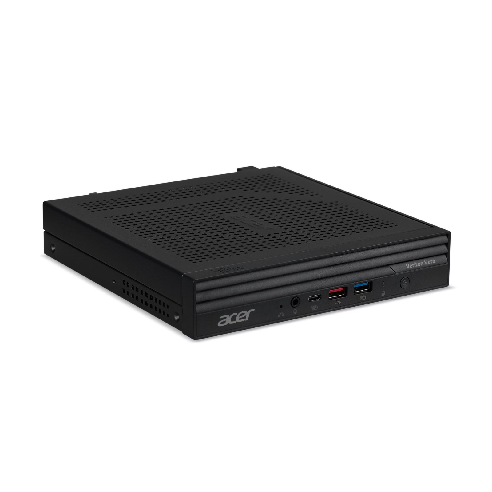 Mini-computer Acer Veriton Vero nero di piccole dimensioni. Include porte frontali e un pannello di ventilazione superiore.