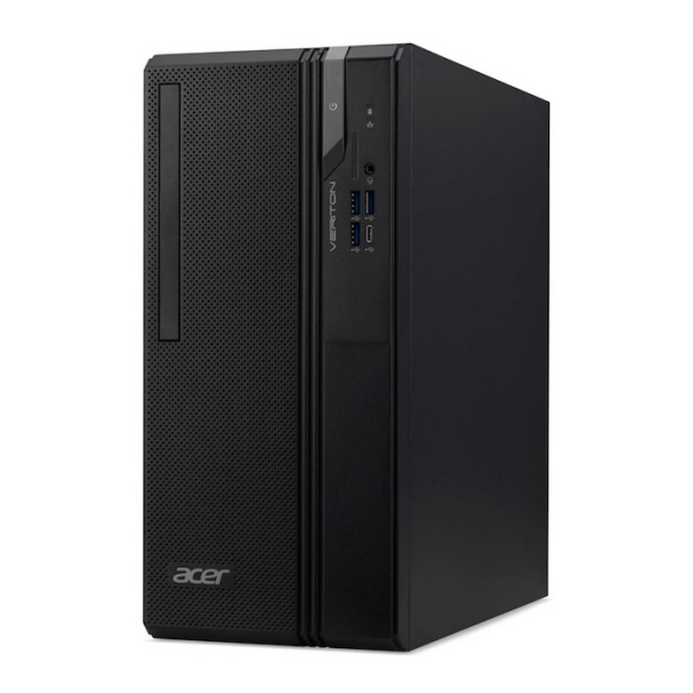 Un tower PC Acer Veriton nero, con pannello frontale con porte e logo Acer.