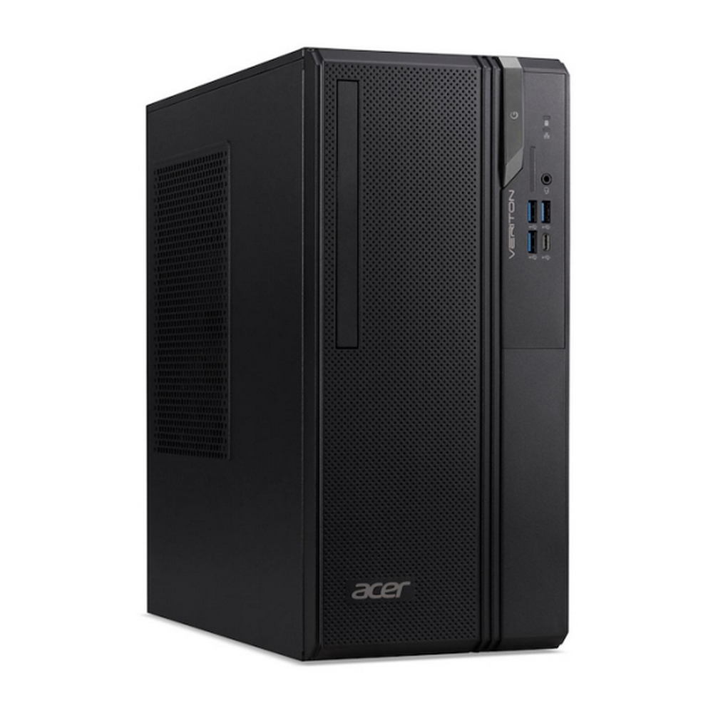 Un case per computer Acer Veriton nero, con porte USB frontali e un pulsante di accensione, vista laterale.