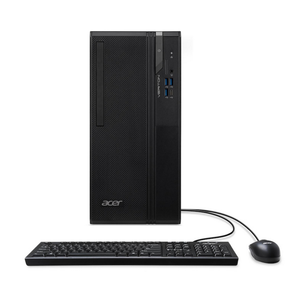 Computer desktop Acer Veriton nero, tastiera e mouse su sfondo bianco.