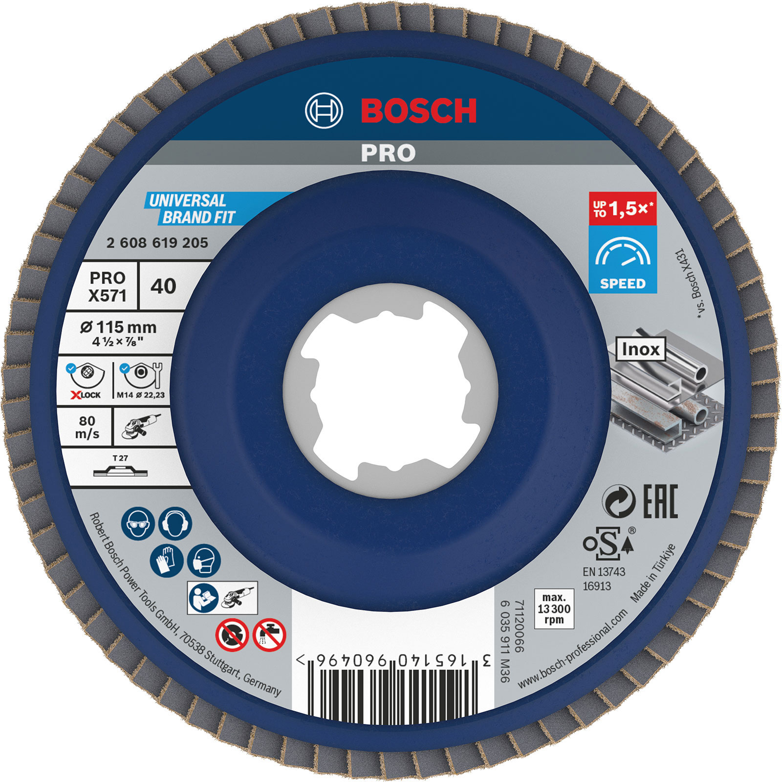 Disco abrasivo circolare blu e grigio. Contiene il logo Bosch Pro e info prodotto.